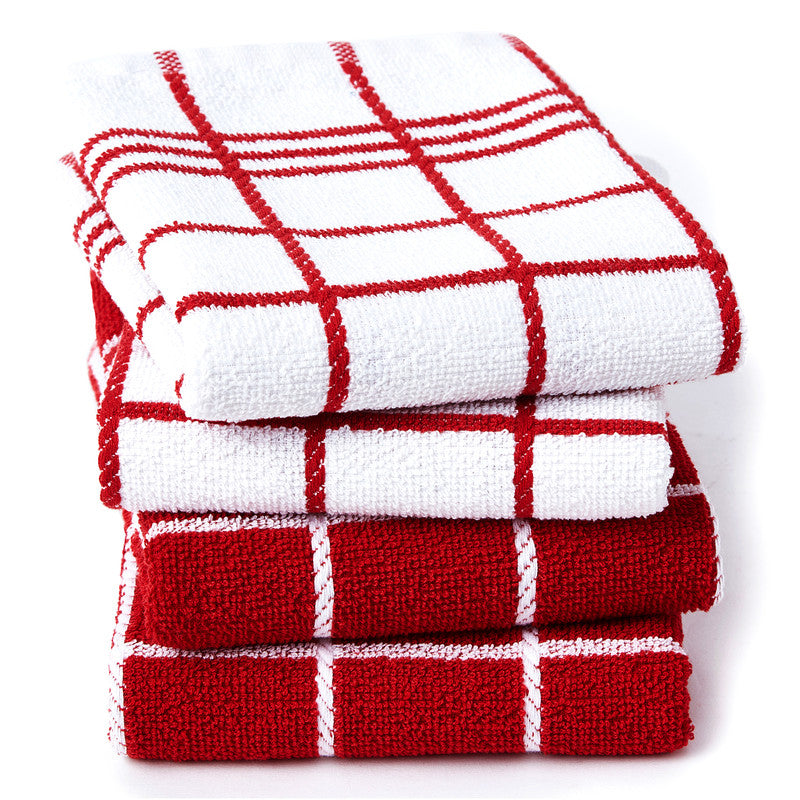 Stack of red terry cotton kitchen towels showing dense, heavy weave