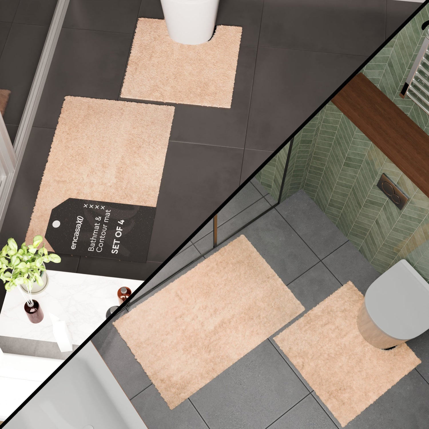Beige cotton bathmat and matching U-shaped contour mat on dark grey bathroom tile