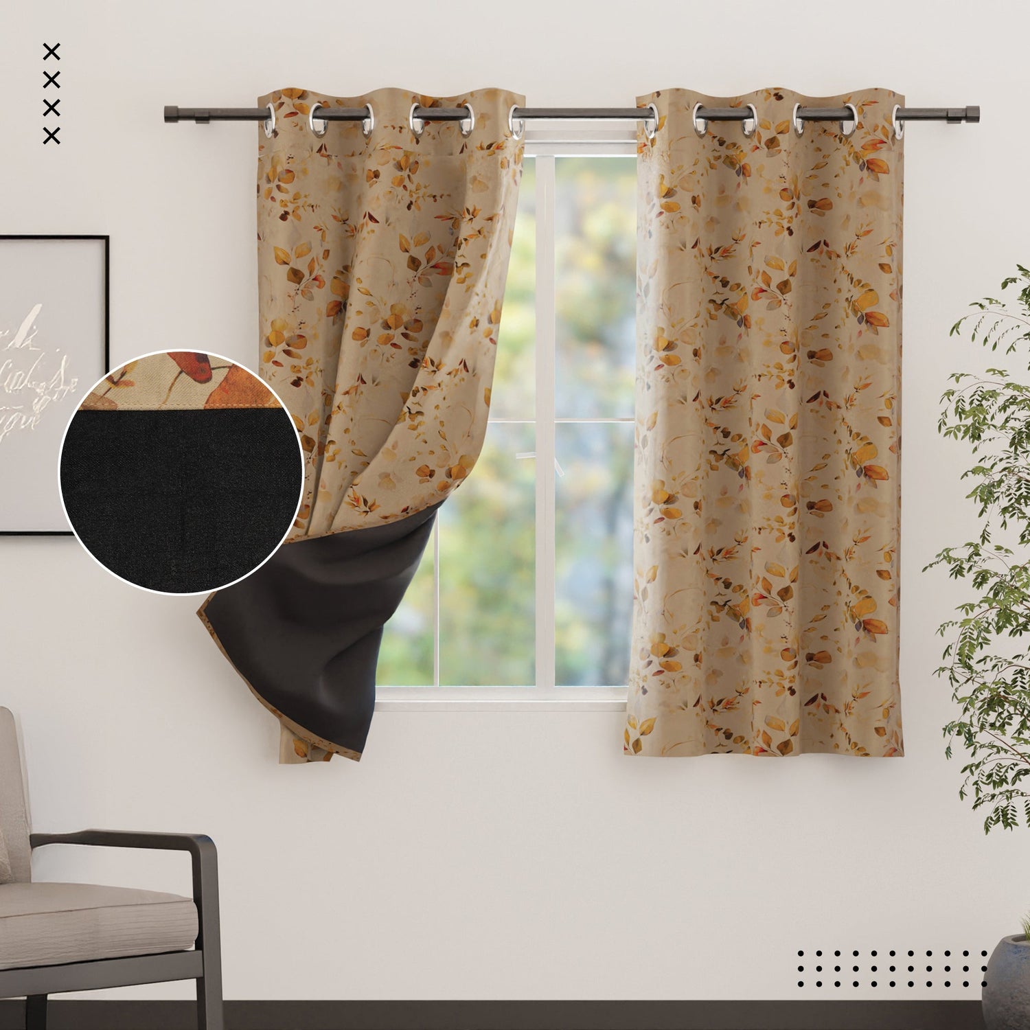 Gold blackout curtain panel flipped back to show the black lining behind the printed face fabric