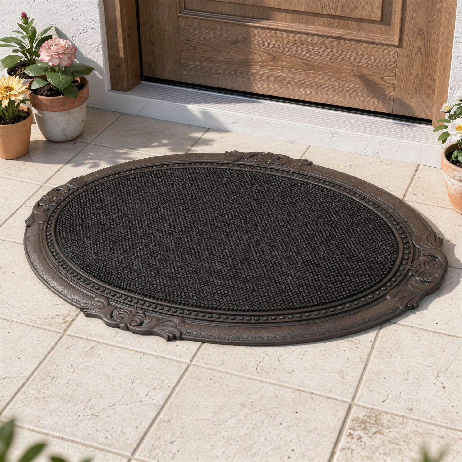 Black oval rubber door mat with a scrollwork border on a pale stone-tiled porch beside potted flowers