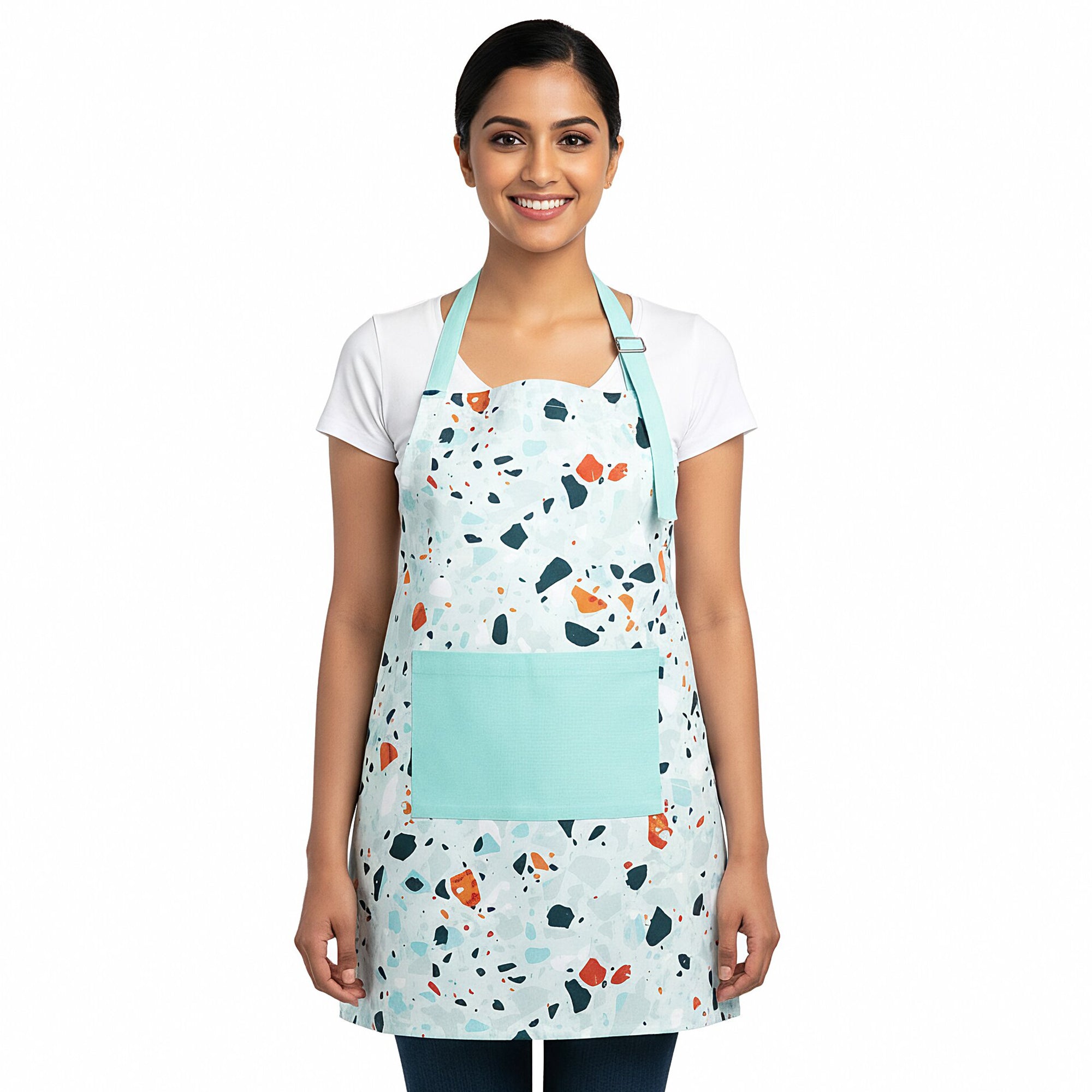 Printed cotton terrazzo mint kitchen apron with adjustable neck and waist ties
