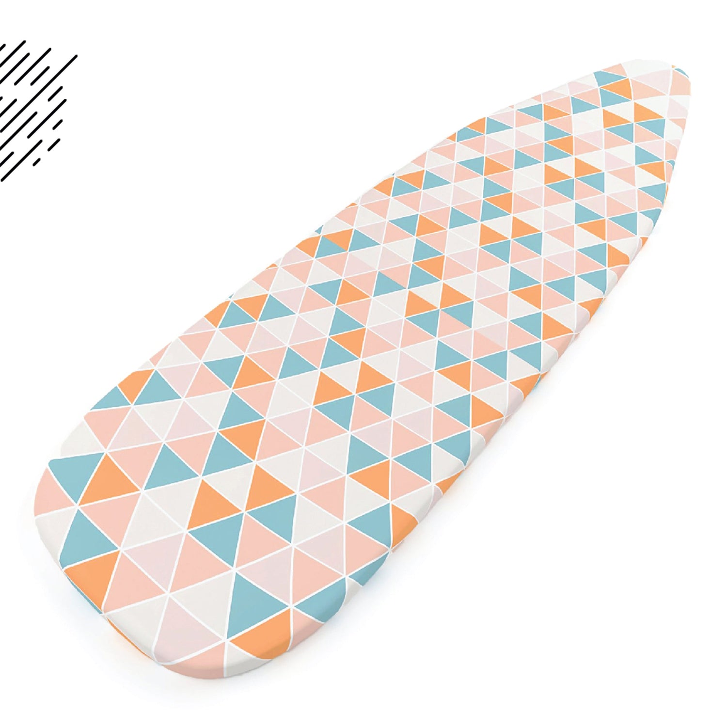 Pastel triangle print cotton cover fitted over a full-size ironing board