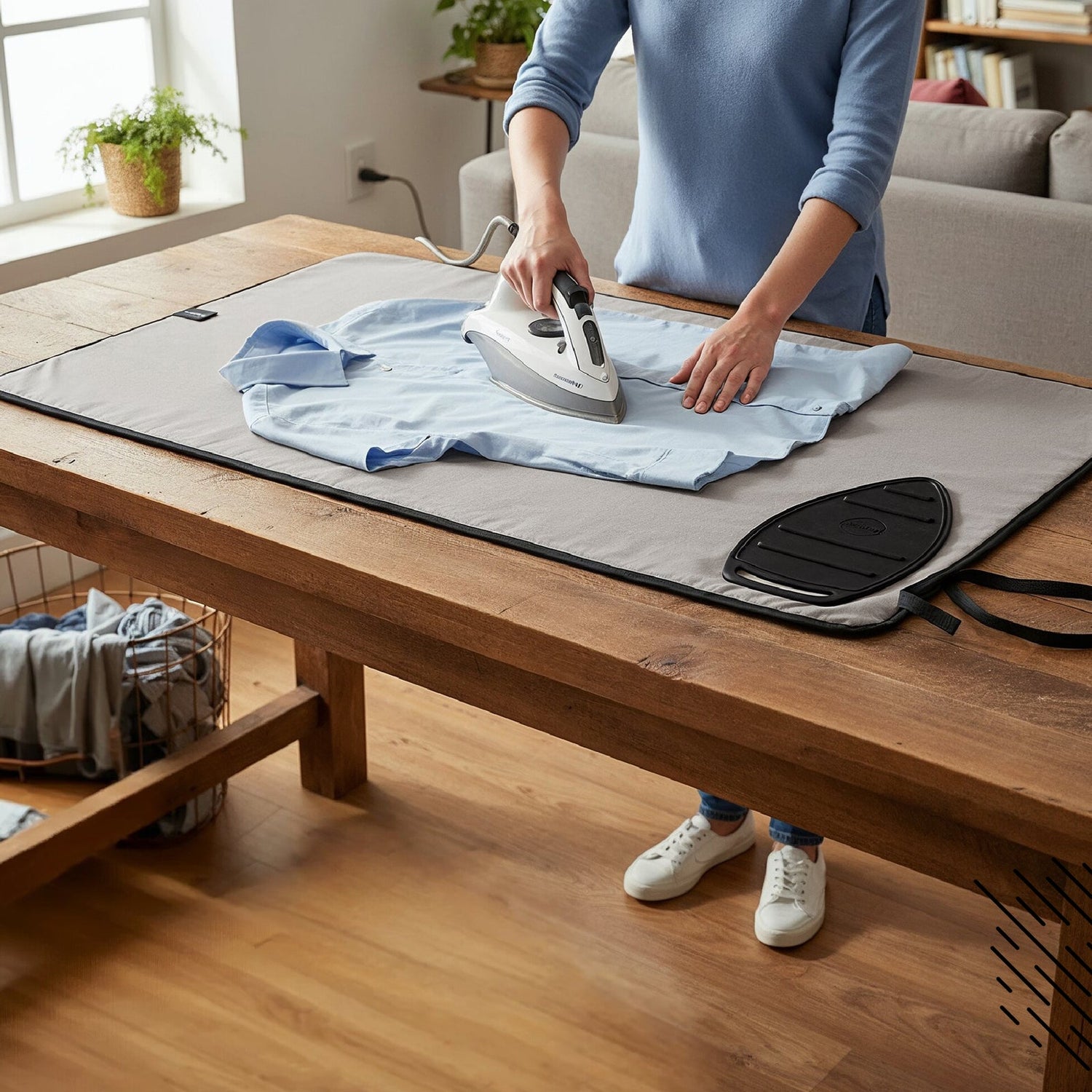 Person ironing a shirt on a grey padded ironing mat over a wooden table