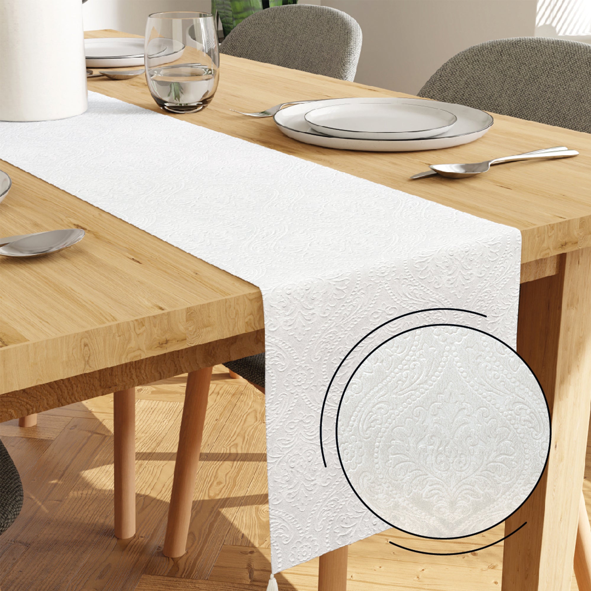 Embossed Velvet White Table Runner