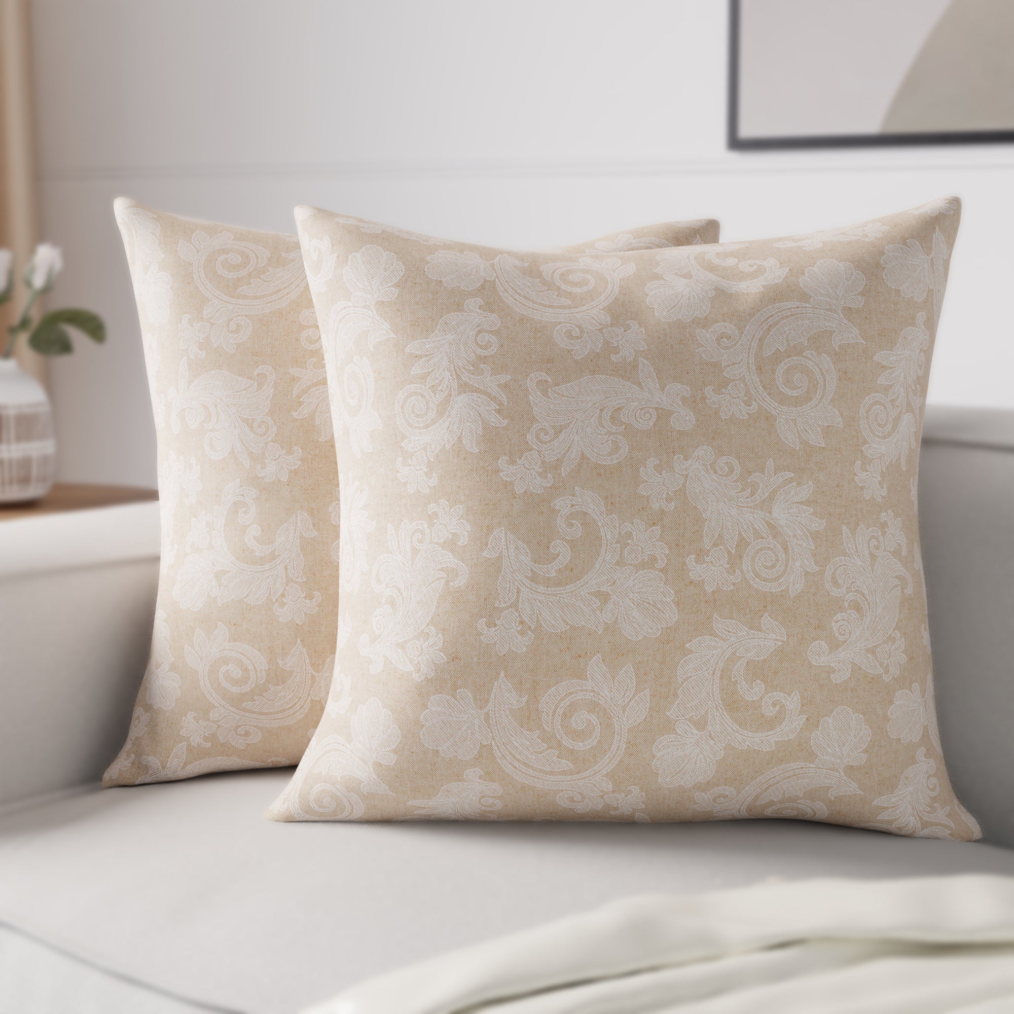 Chambray Cotton Floral Beige Cushion Cover (Pack of 2)