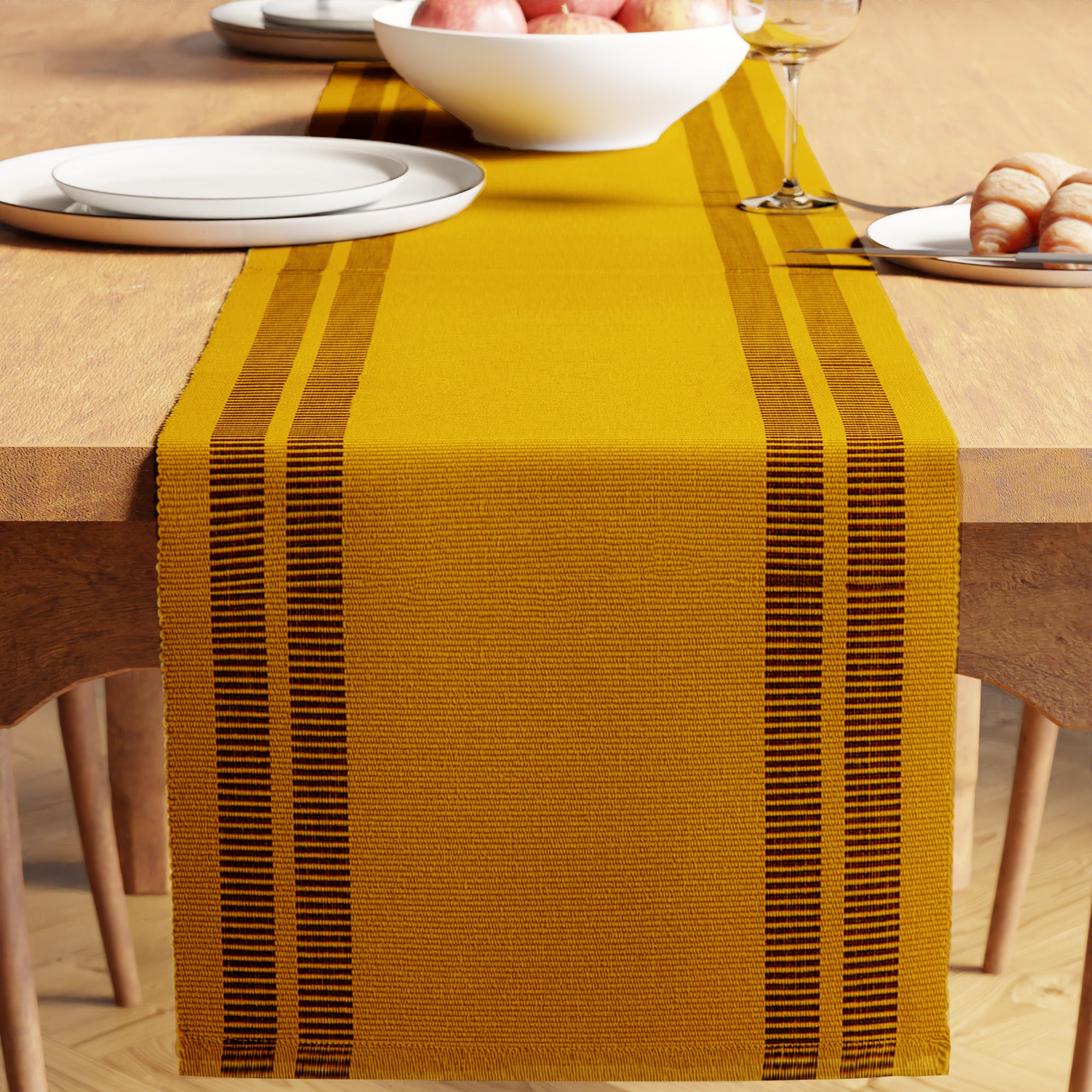 Cotton Yellow & Off White Table Runner (Pack of 1)