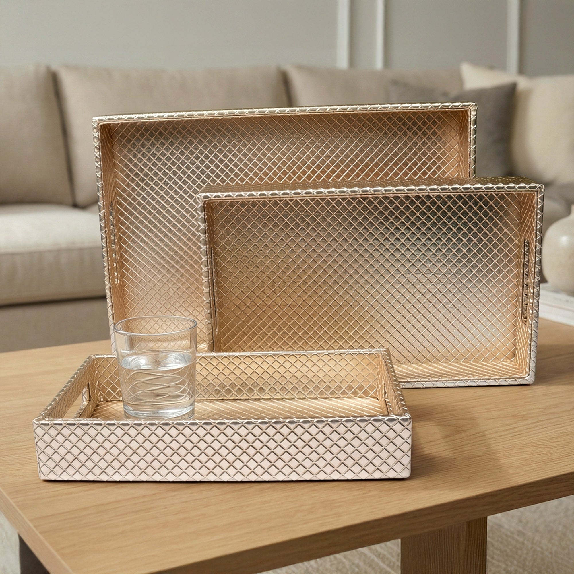 Leather Light Gold Leather Serving Tray Combo