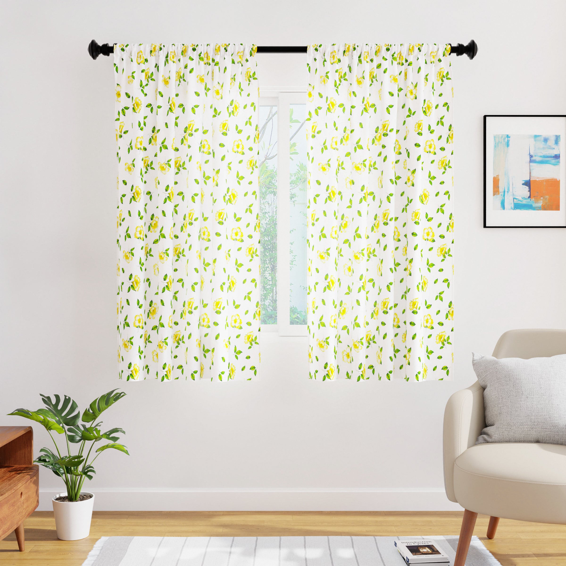 Polyester Hibiscus Yellow Curtain (Pack of 2)