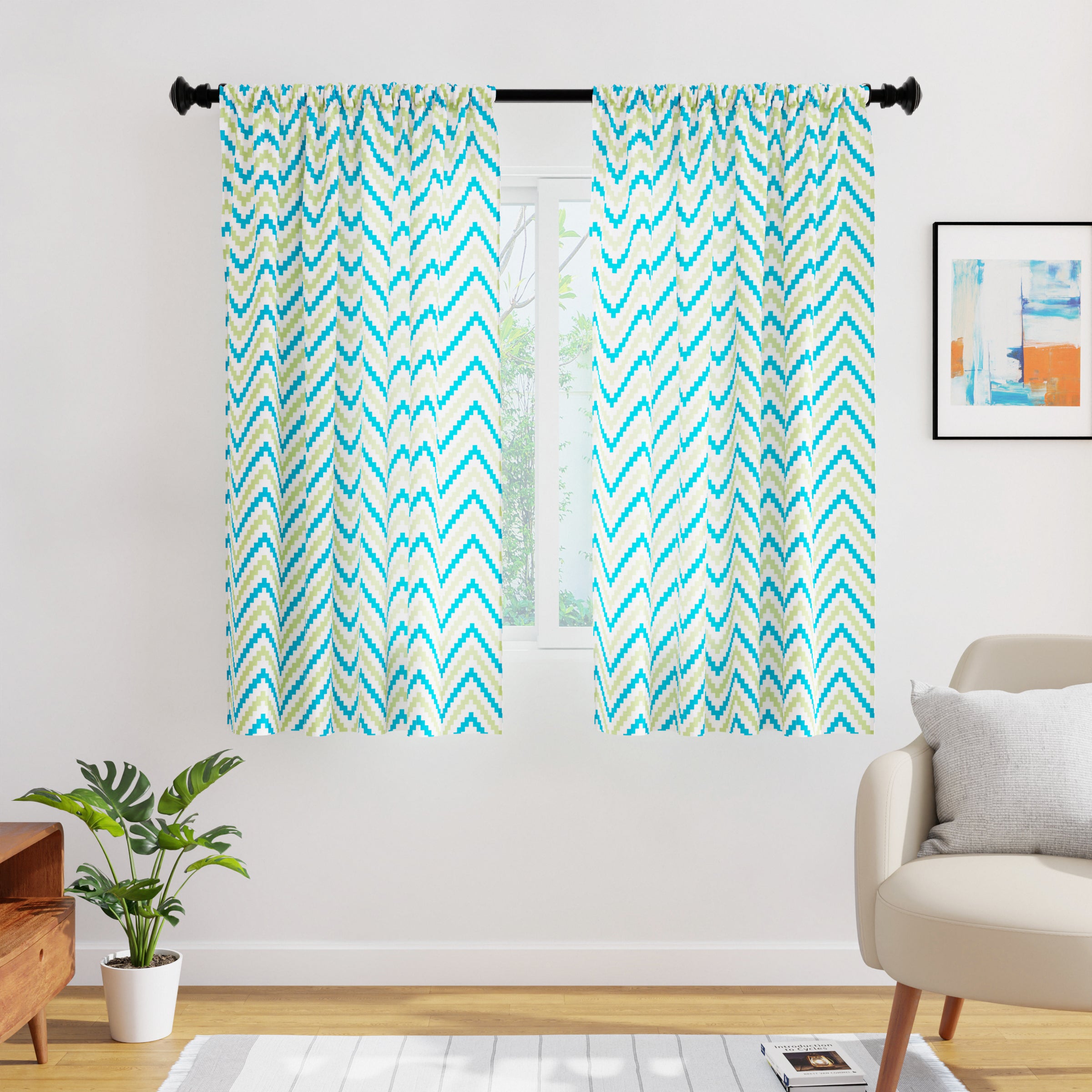 Polyester Chevron 1 Green Curtain (Pack of 2)