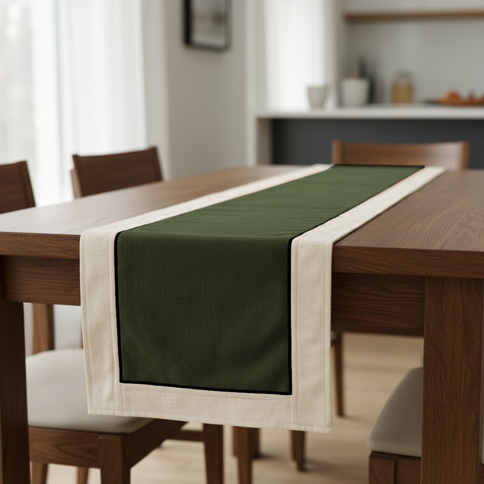 Cotton Off White & Moss Green Table Runner (Pack of 1)