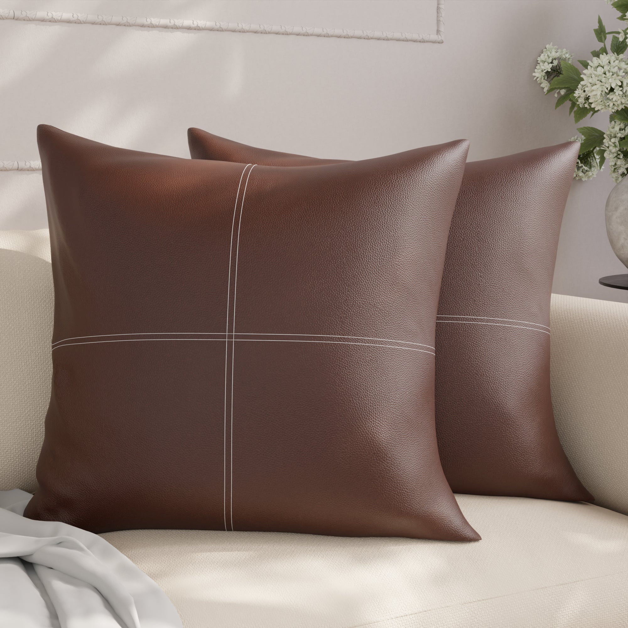 PVC Leather Chocolate Stitch Cushion Cover (Pack of 2)
