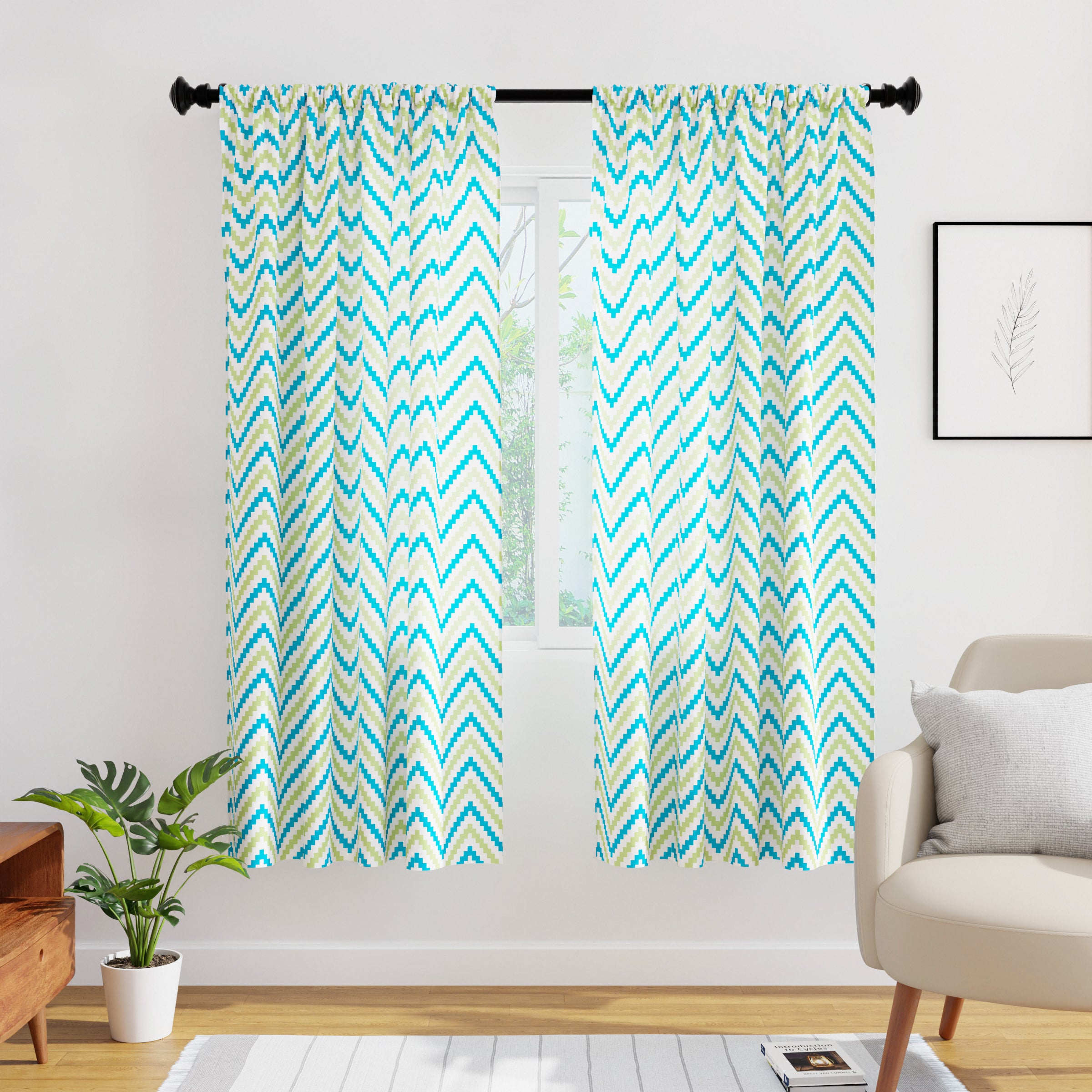 Polyester Chevron 1 Green Curtain (Pack of 2)