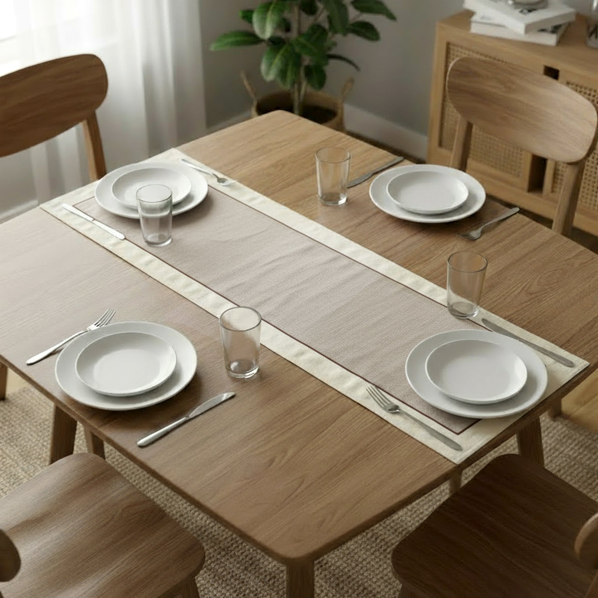 Cotton Off White & Beige Table Runner (Pack of 1)