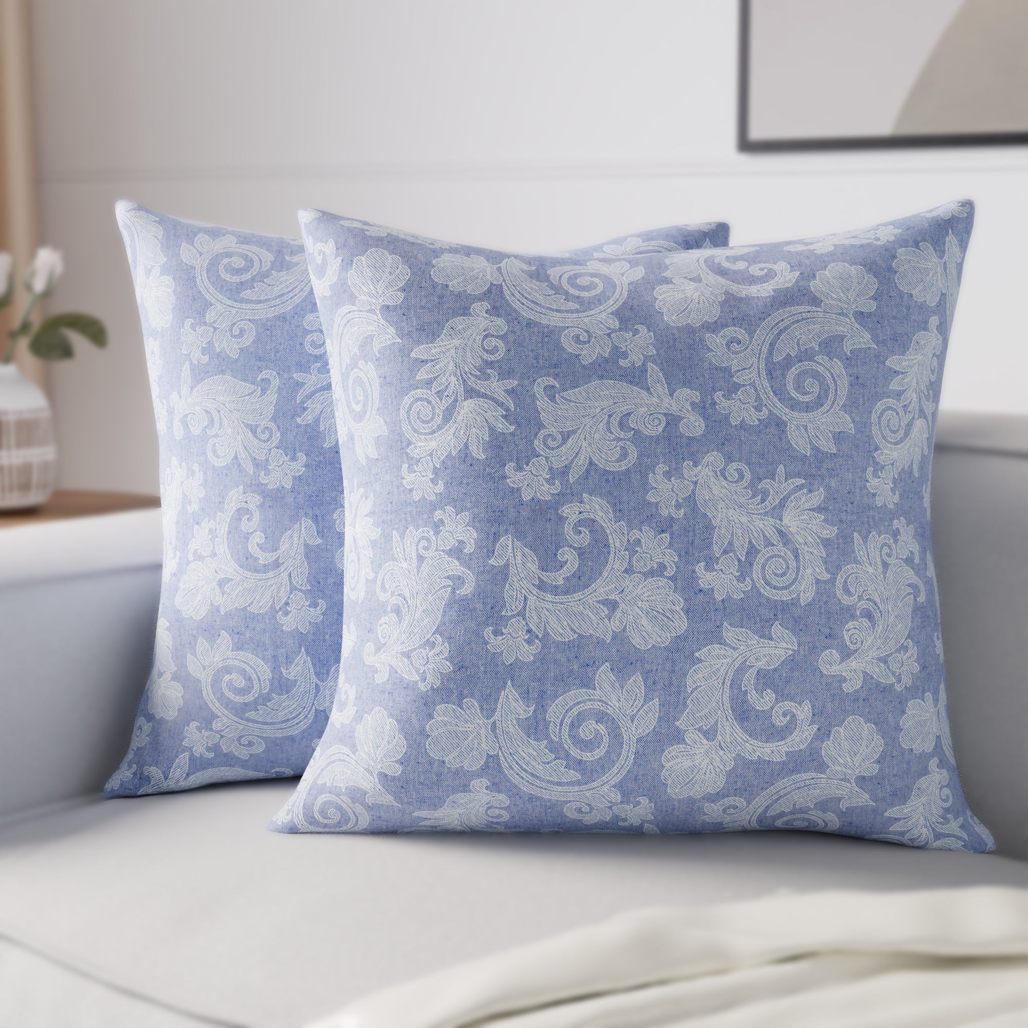 Chambray Cotton Floral Blue Cushion Cover (Pack of 2)