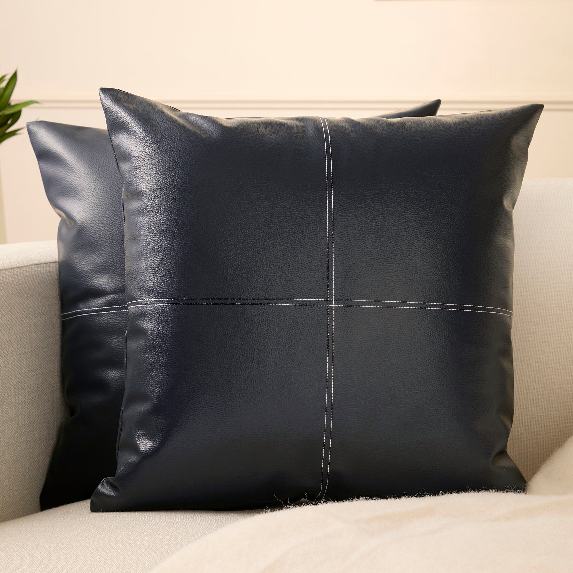PVC Leather Navy Blue Stitch Cushion Cover (Pack of 2)