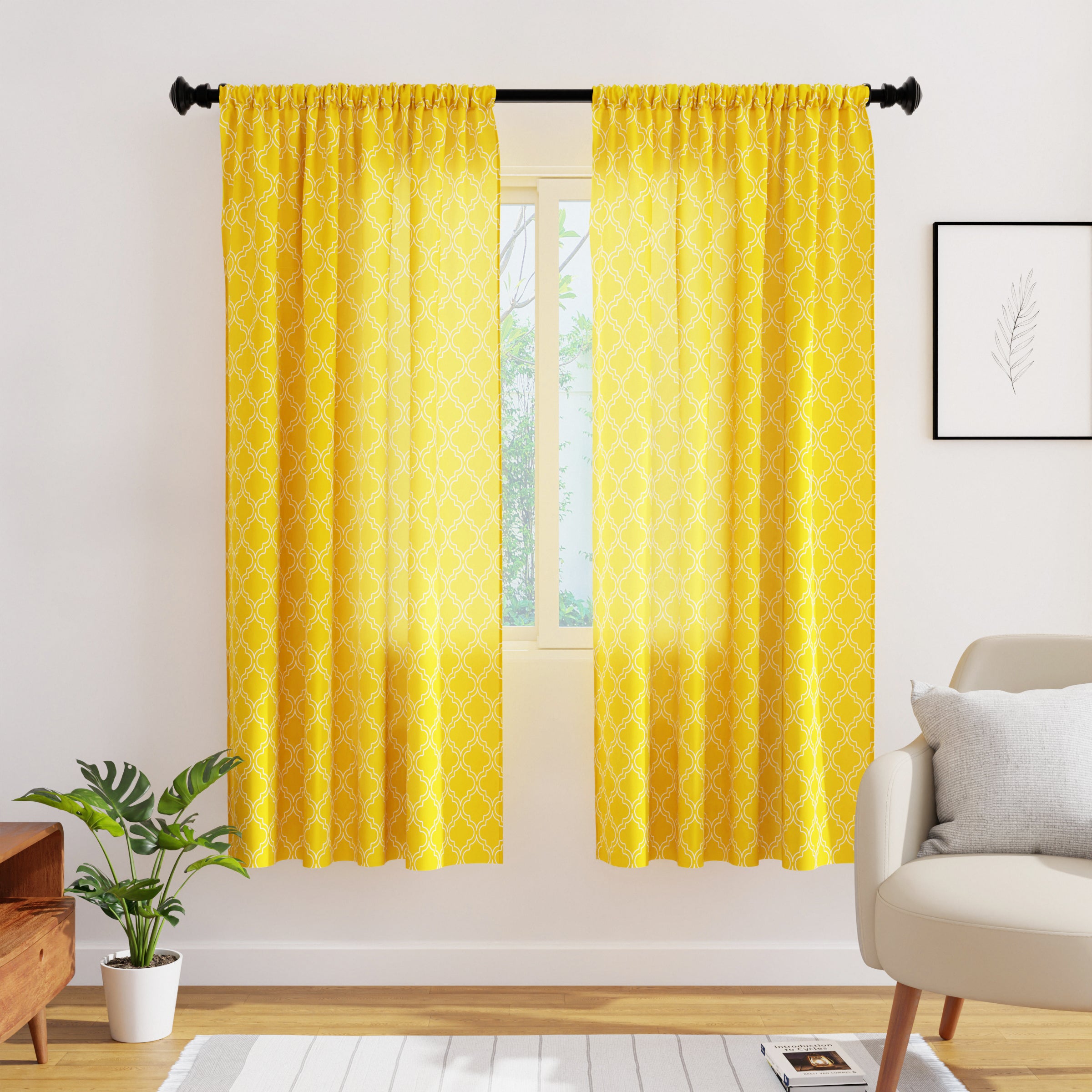 Polyester Trellis Yellow Curtain (Pack of 2)