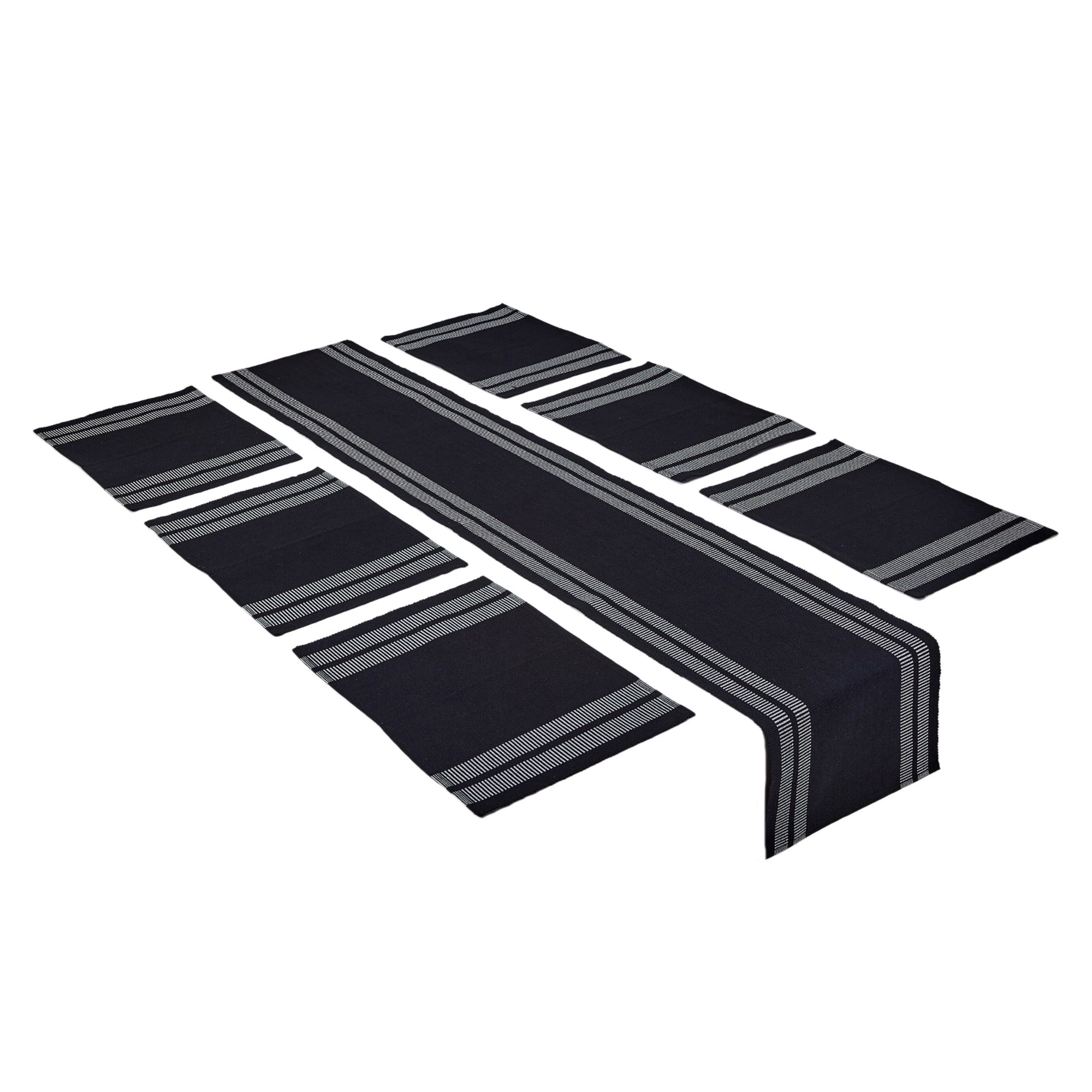 Cotton Ladder Black Table Runner+Placemat (Pack of 7)