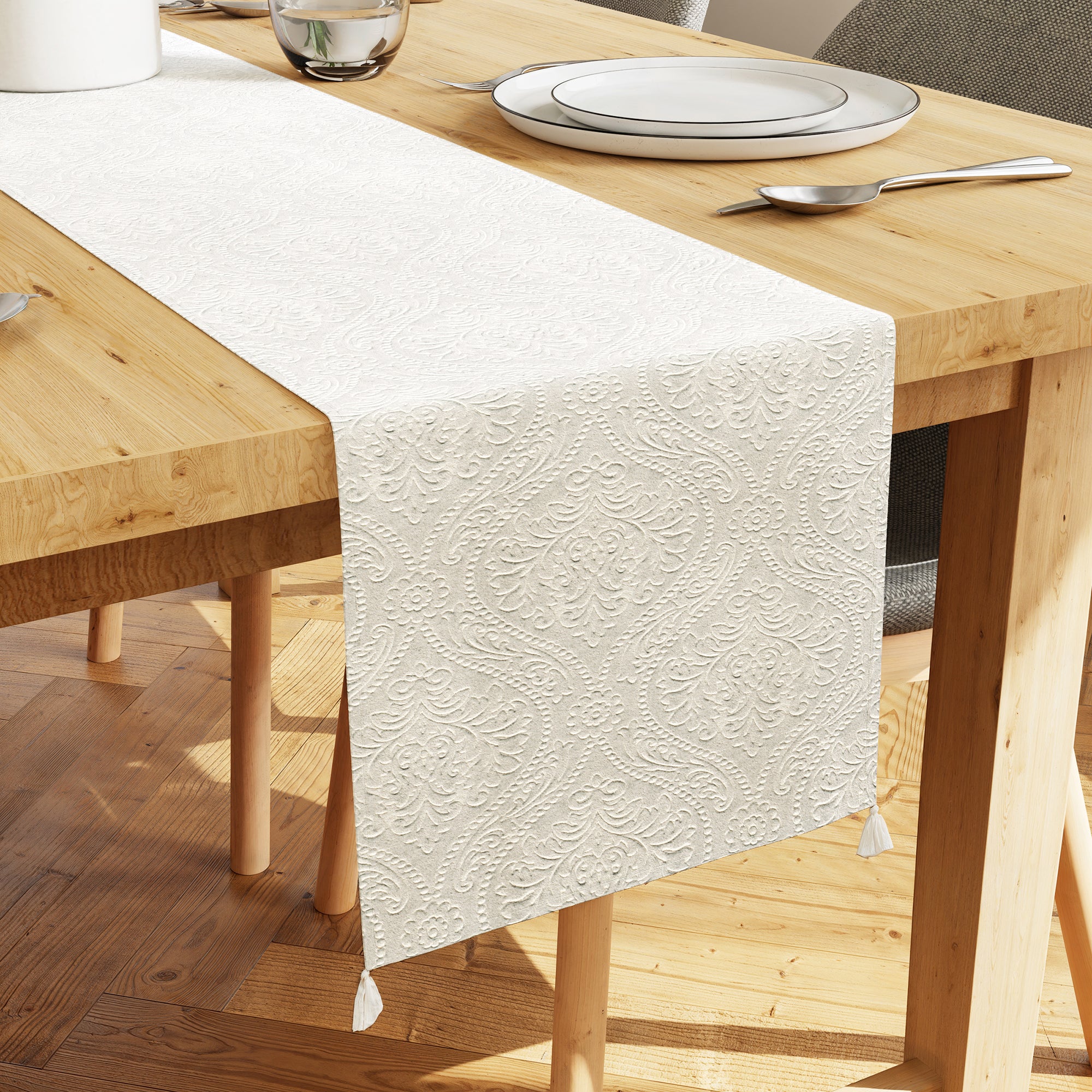 Embossed Velvet Cream Table Runner