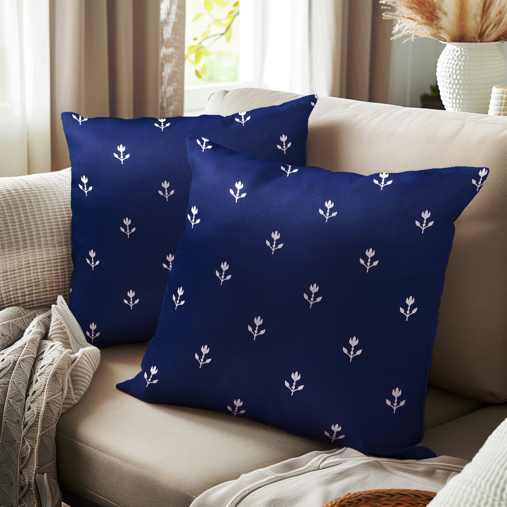 Polyester Blackout Buti Navy Blue Cushion Cover (Pack of 2)