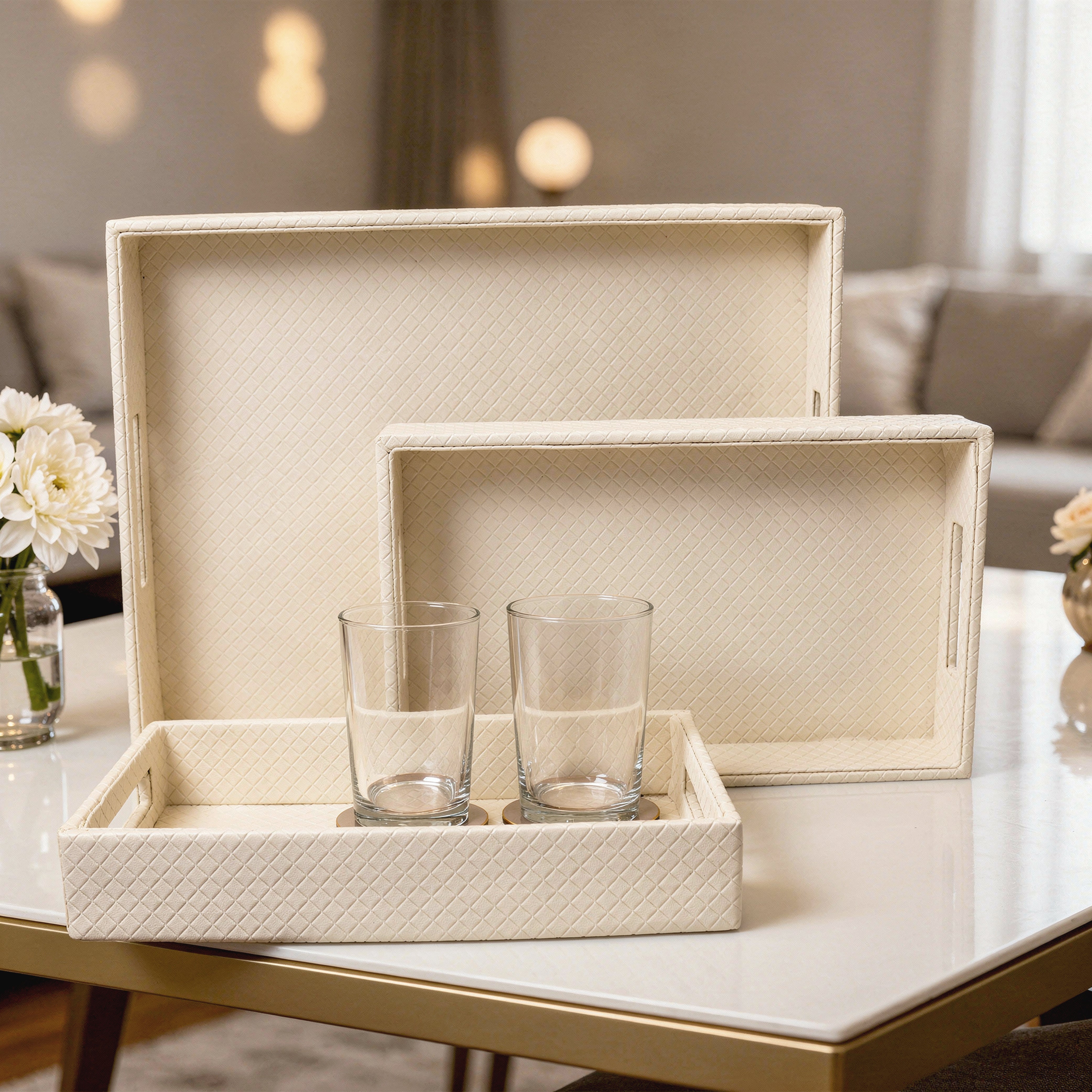 Leather Cream Leather Serving Tray Combo