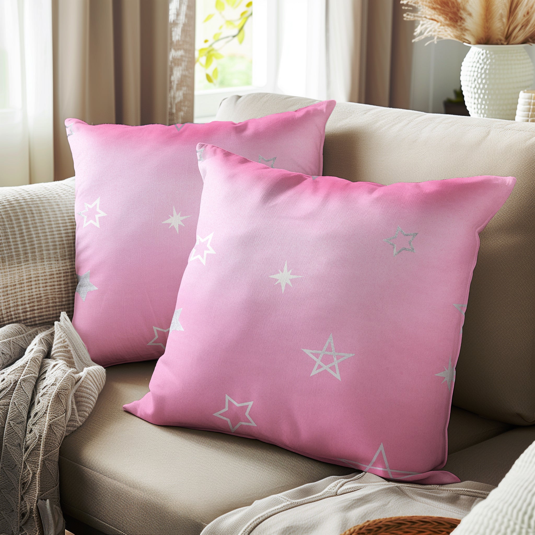Blackout Polyester Star Pink Cushion Cover (Pack of 2)