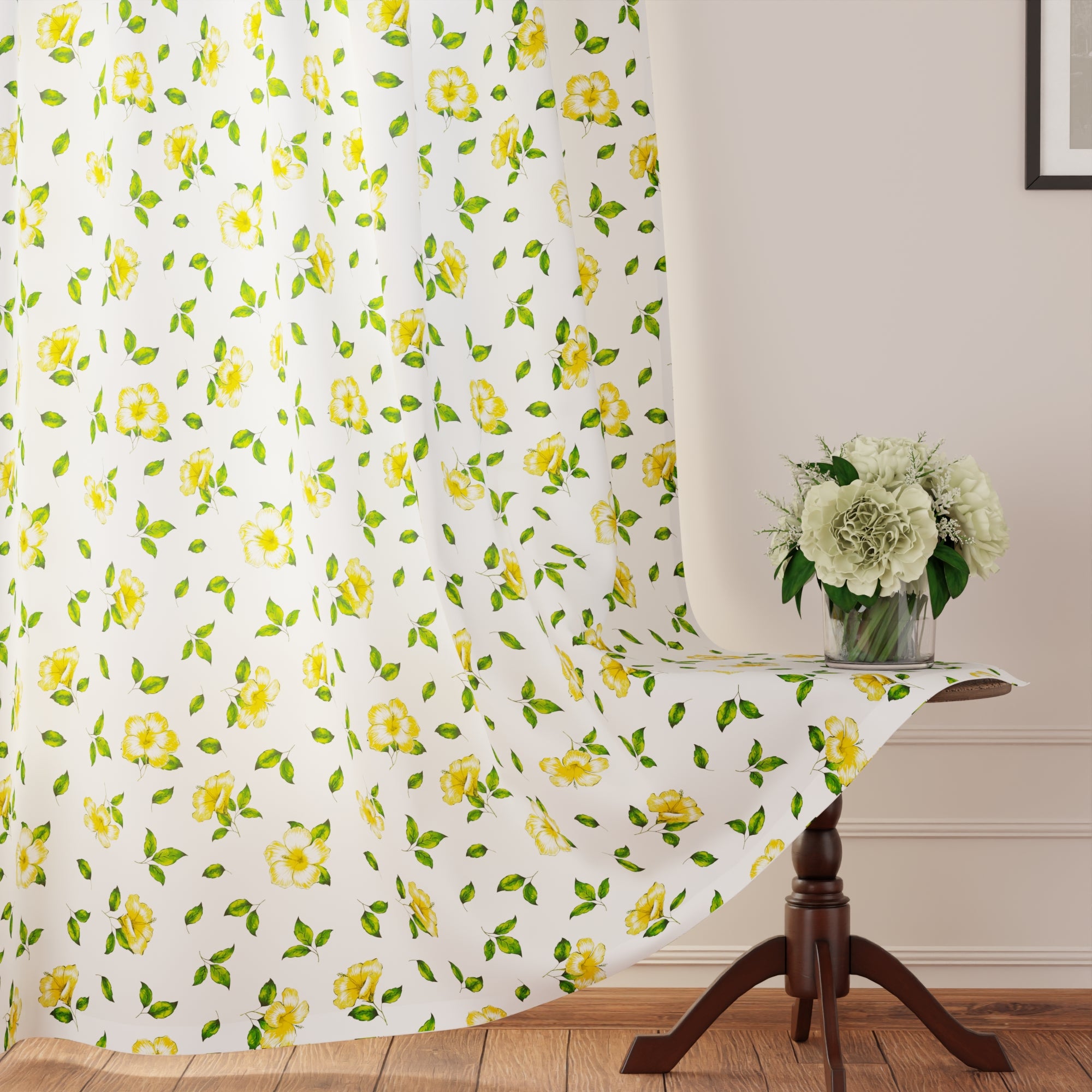 Polyester Hibiscus Yellow Curtain (Pack of 2)
