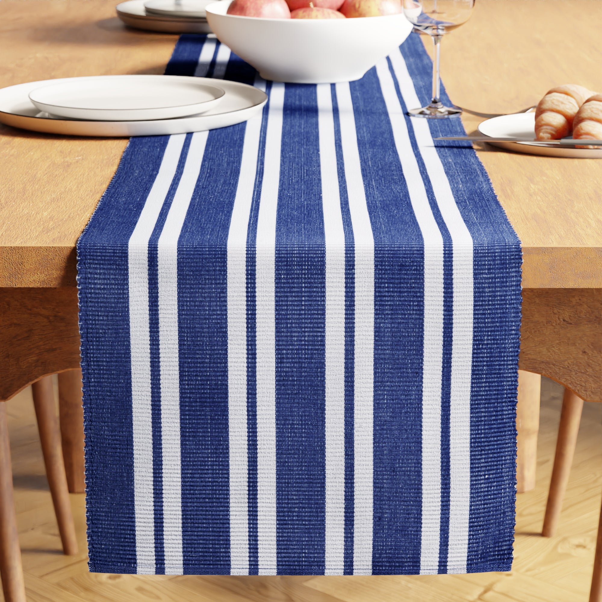 Cotton Franca Blue Stripes Table Runner (Pack of 1)