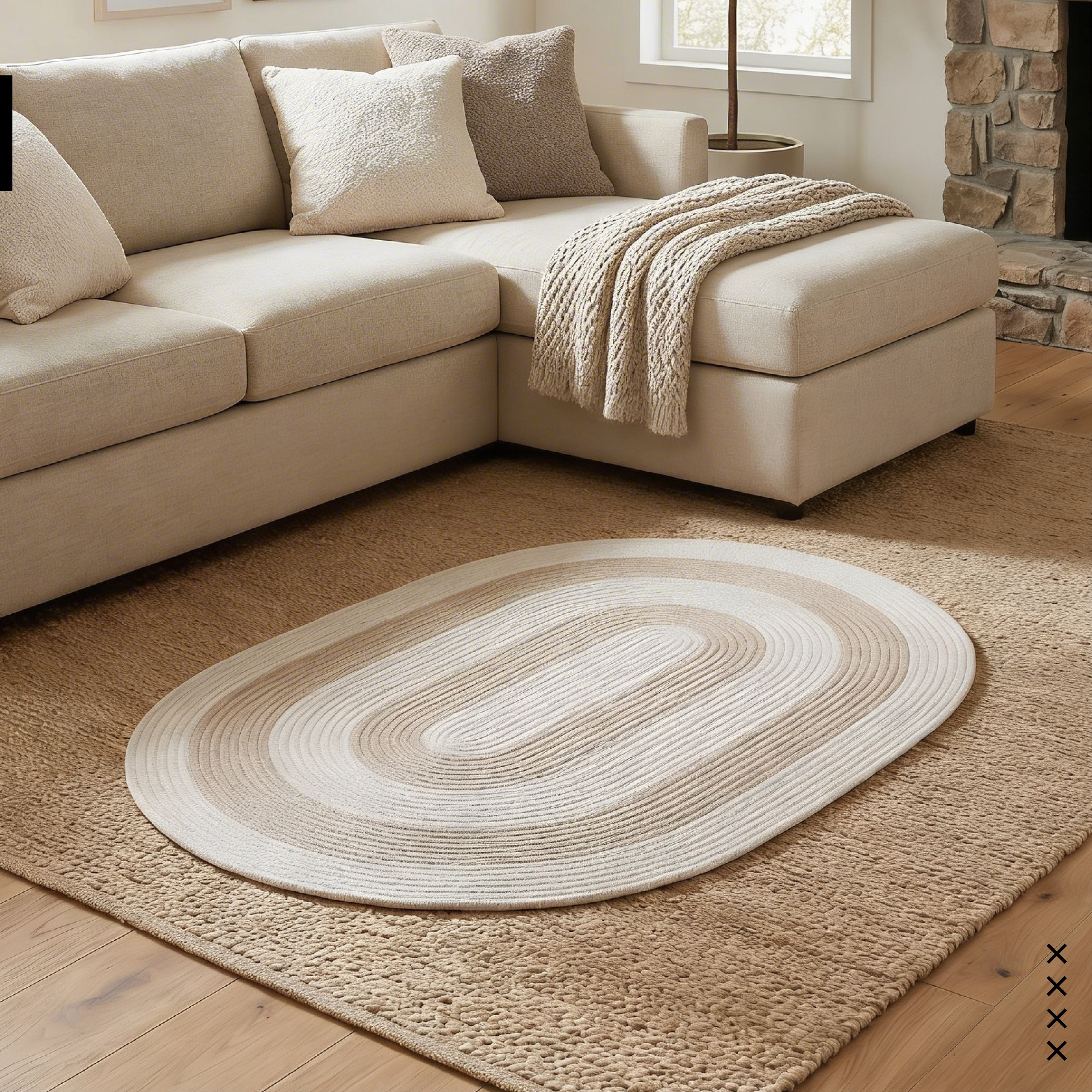 Reversible Round Rug Handwoven Natural Fiber Carpet Braided Area Rug | Neutral Boho Rug for Living Room, Bedroom, Nursery | Washable Area Rug Two Tone