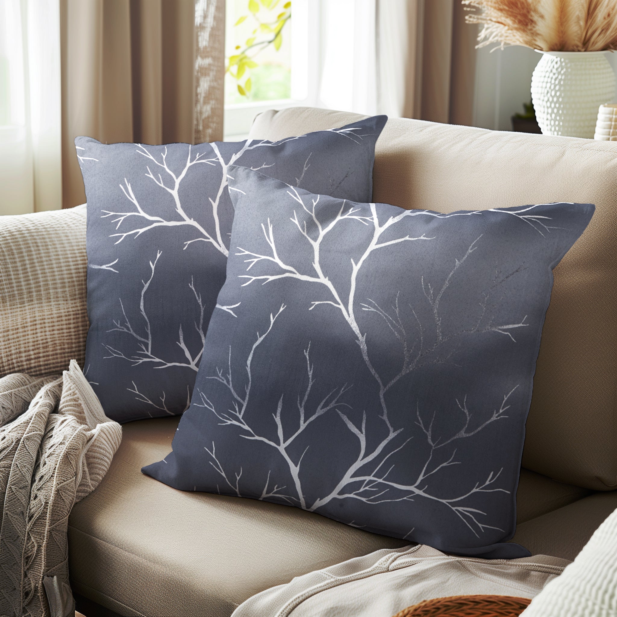 Polyester Blackout Twigs Grey Cushion Cover (Pack of 2)