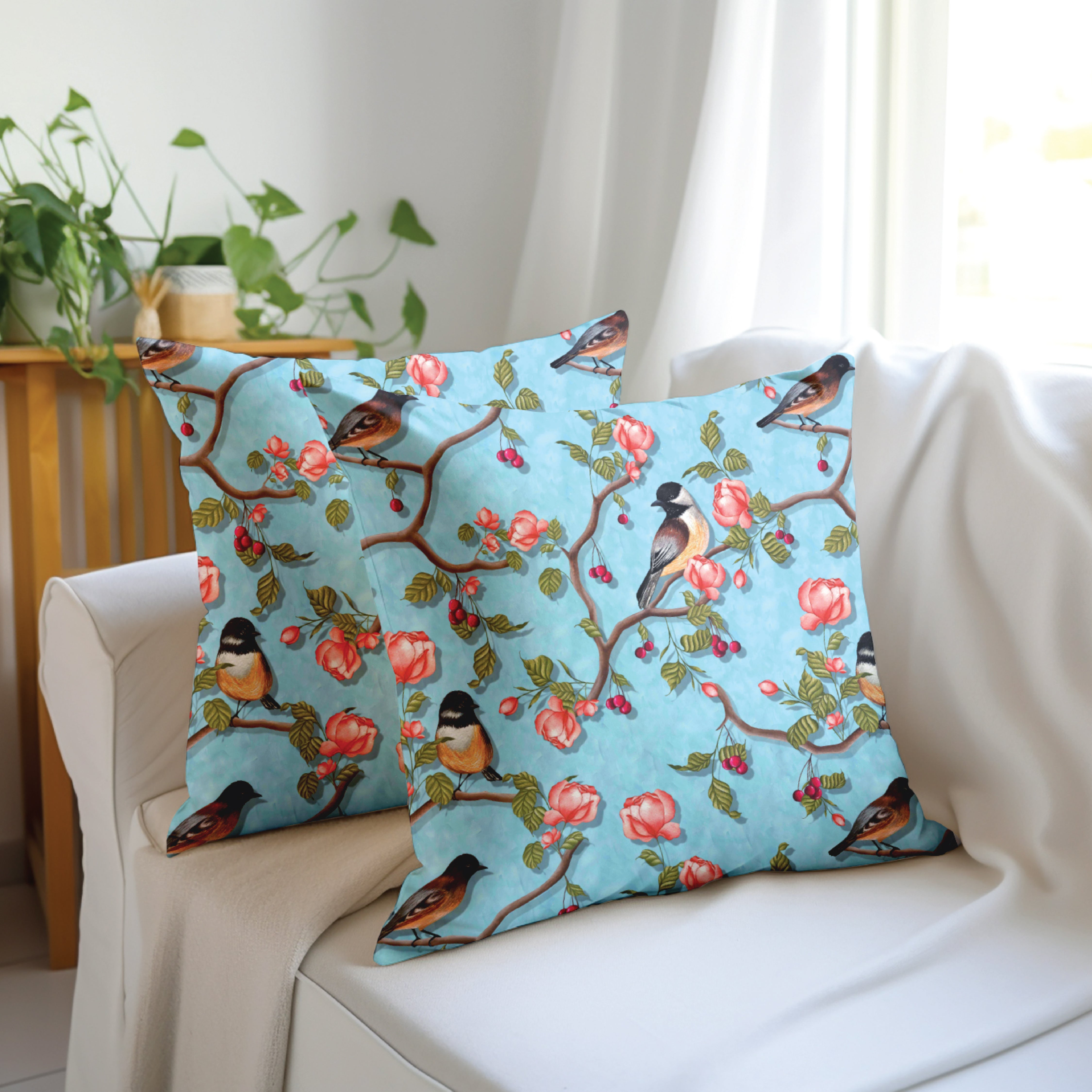 Blackout Polyester Sky Blue Birds Cushion Cover