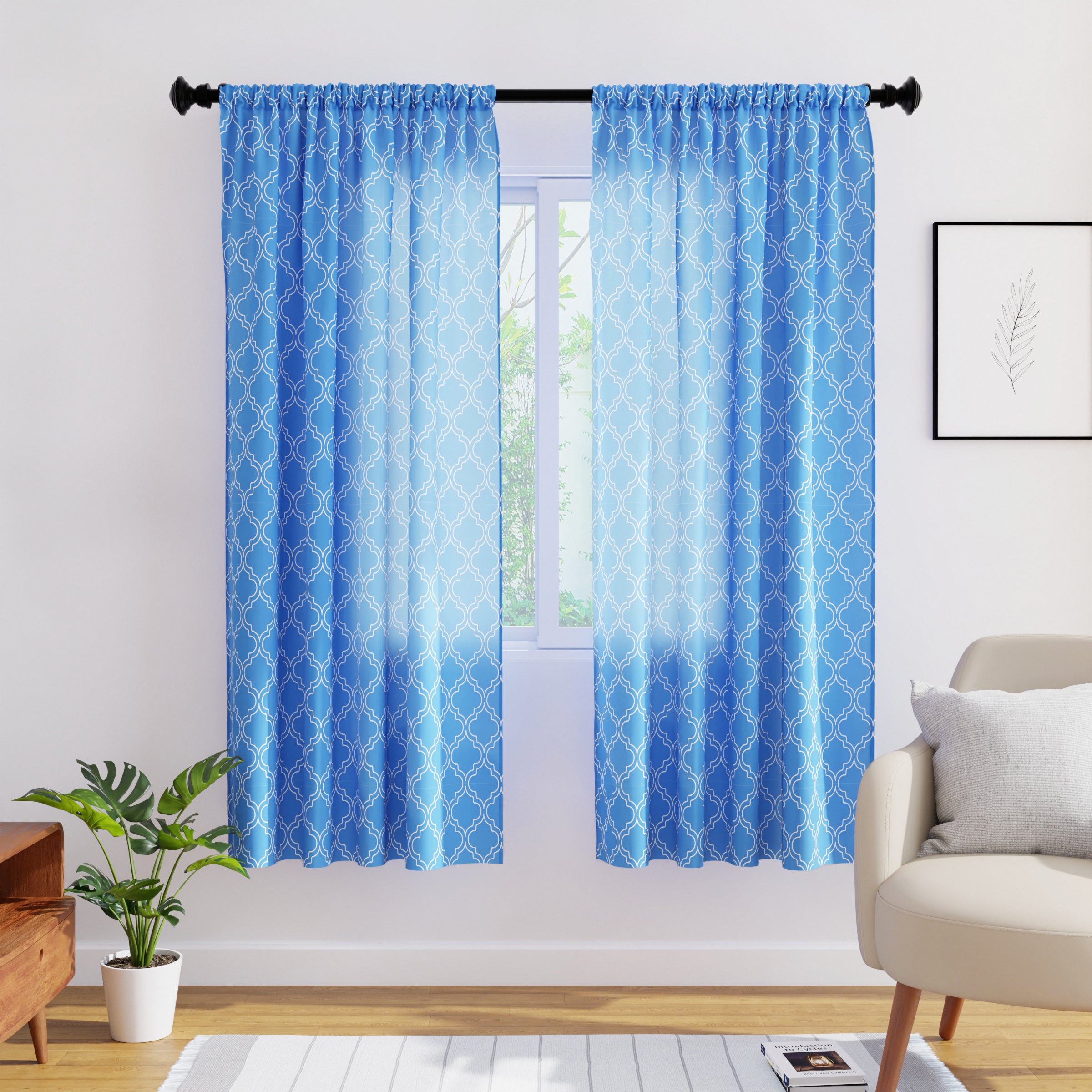 Polyester Trellis Blue Curtain (Pack of 2)