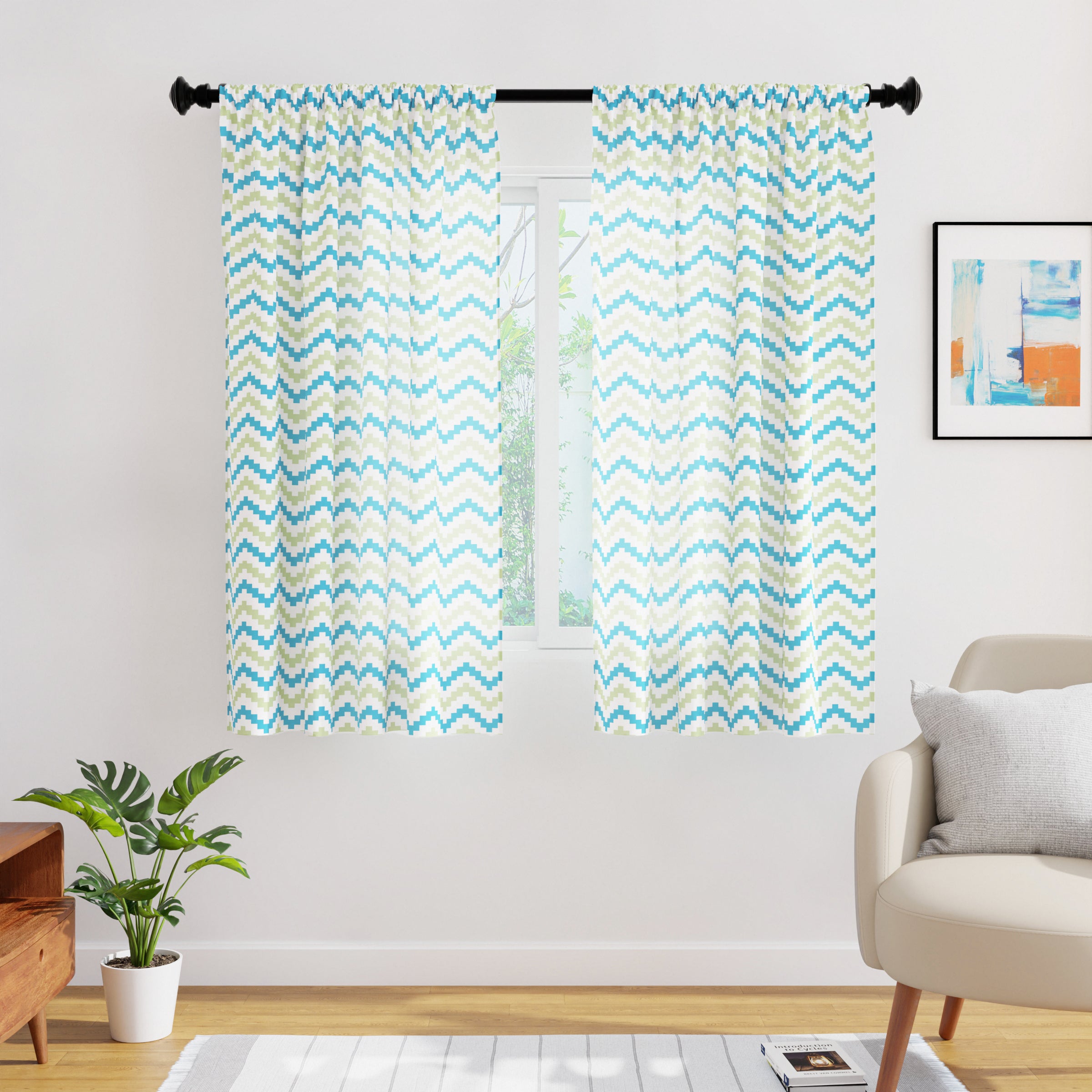 Polyester Chevron Green Curtain (Pack of 2)