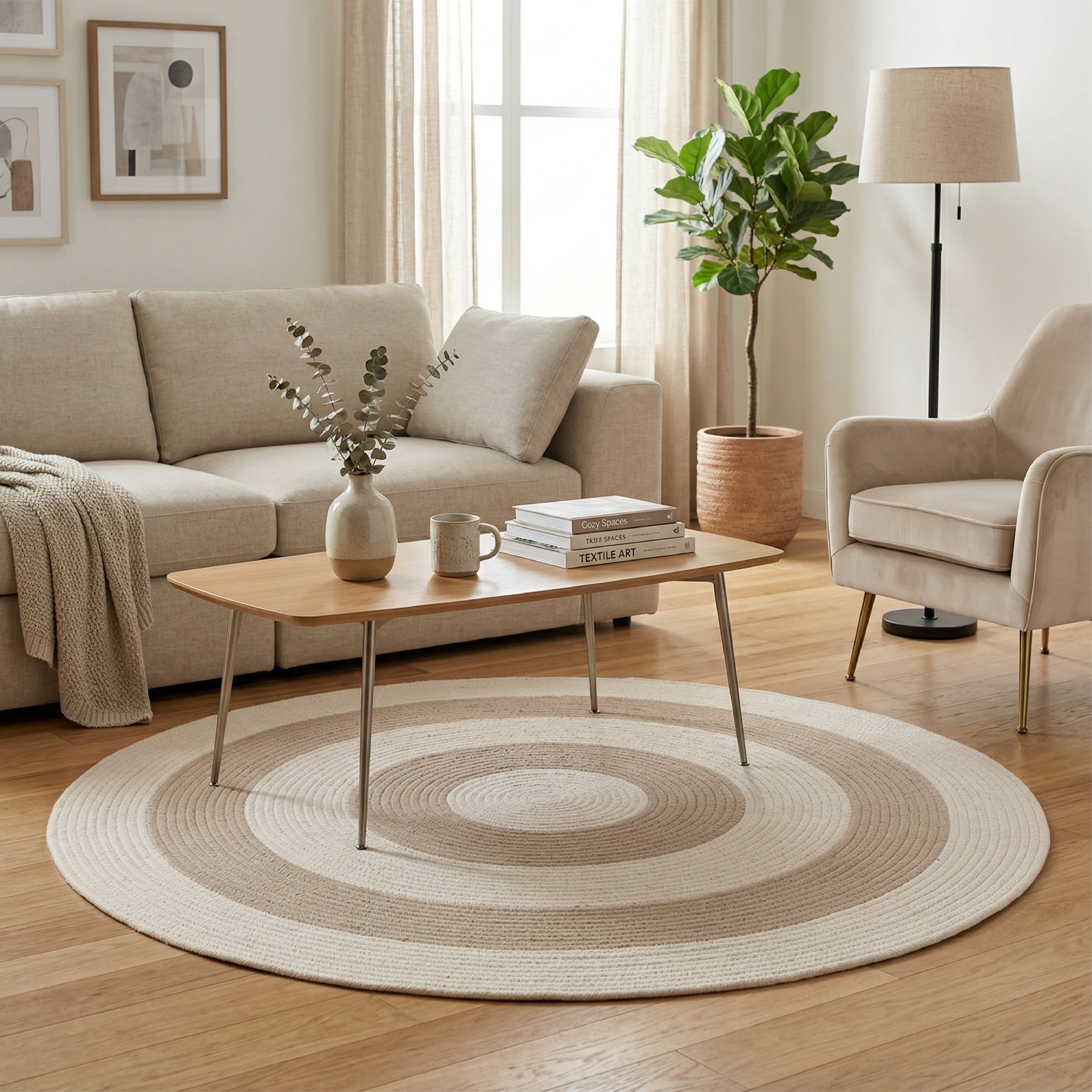 Reversible Round Rug Handwoven Natural Fiber Carpet Braided Area Rug | Neutral Boho Rug for Living Room, Bedroom, Nursery | Washable Area Rug Two Tone