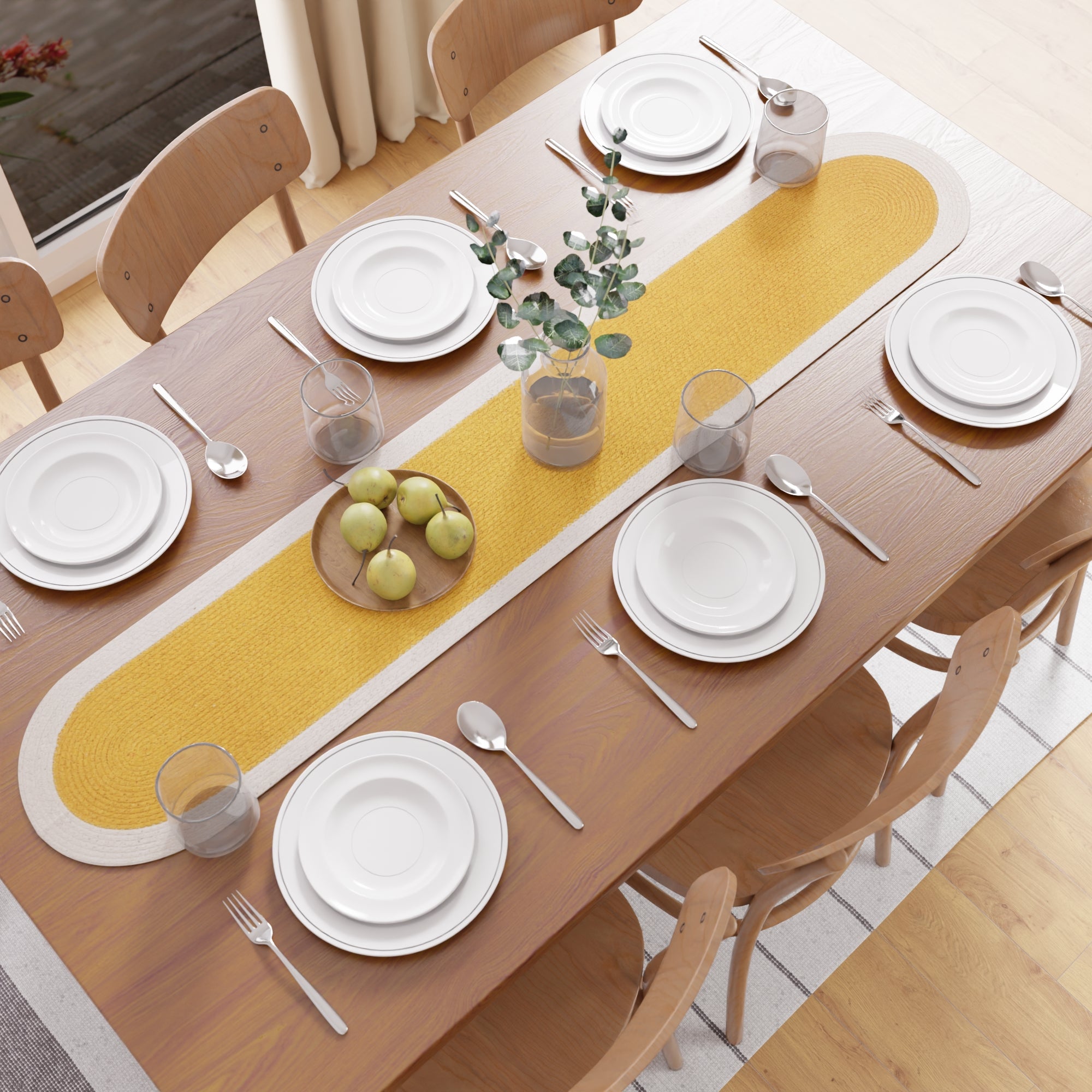 Cotton Yellow & Off White Table Runner (Pack of 1)