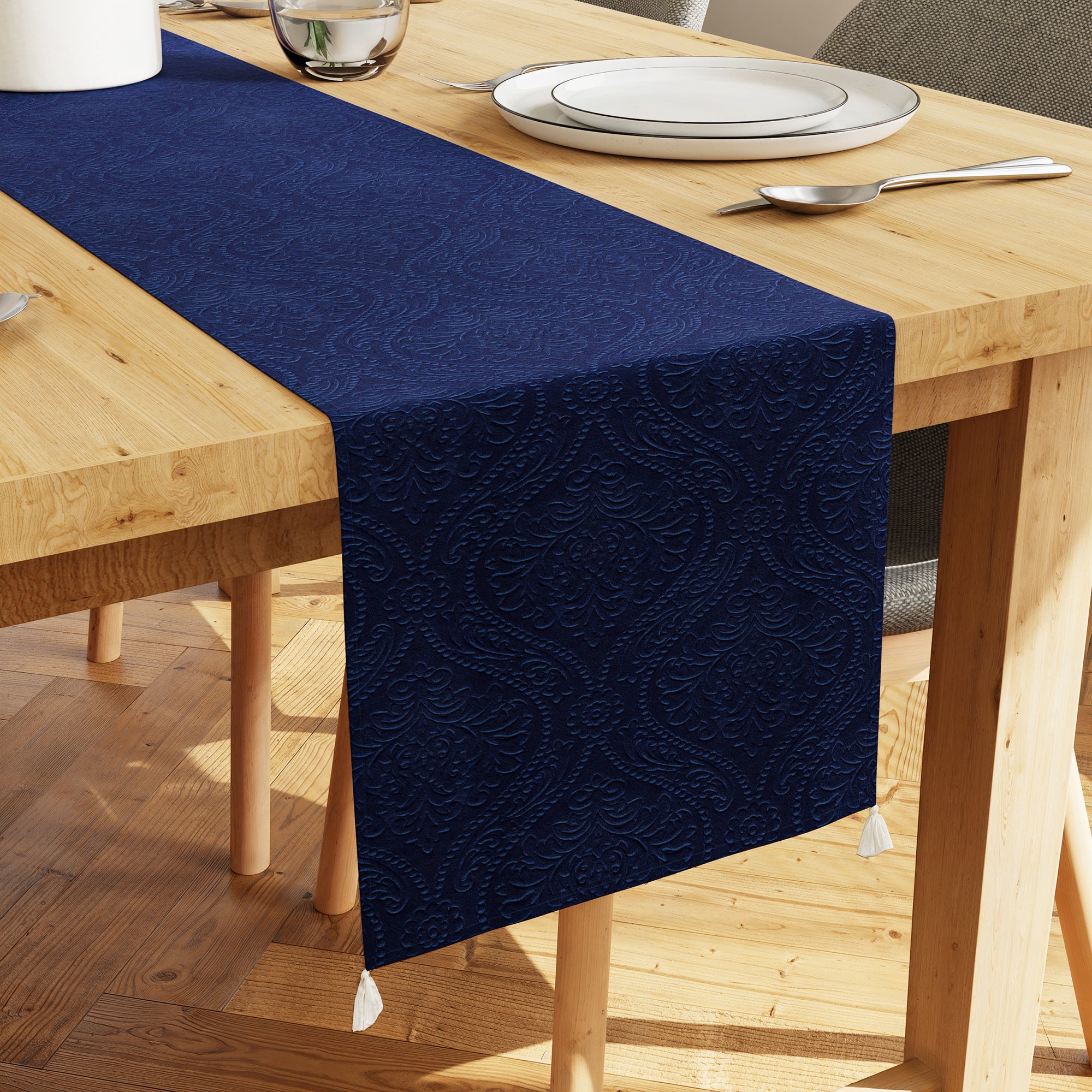 Embossed Velvet Navy Blue Table Runner