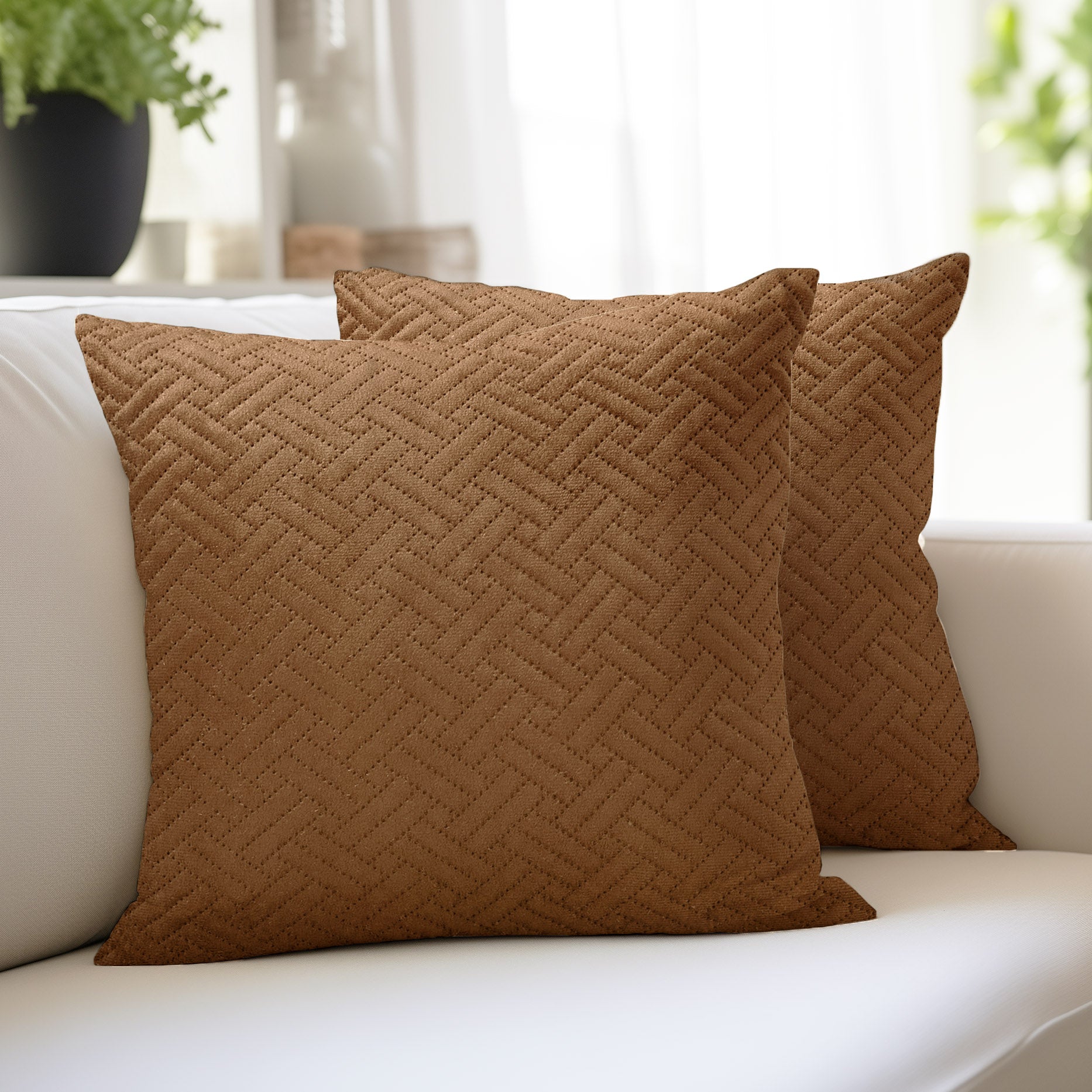 Quilted Velvet Brown Cushion Cover (Pack of 2)
