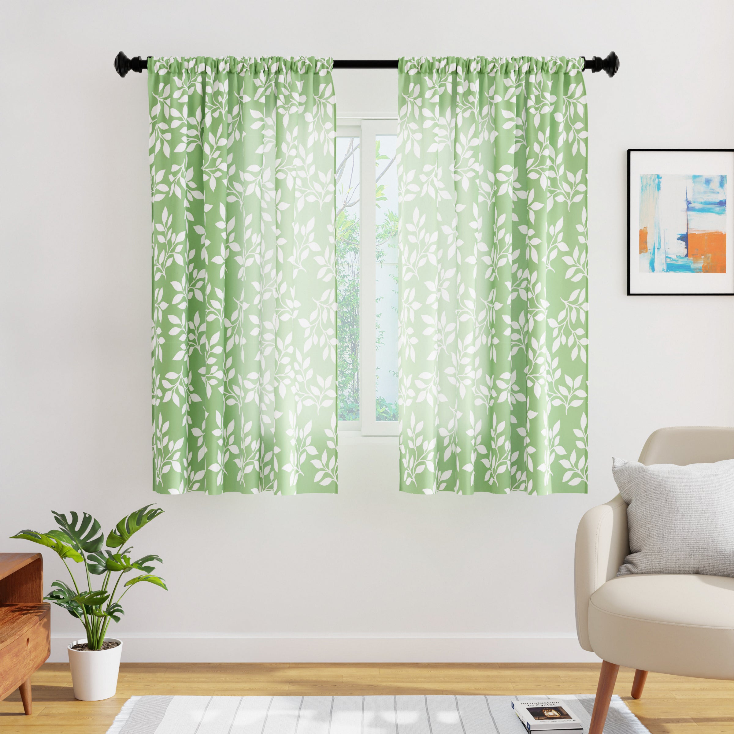 Polyester Reverse Leaf Green Curtain (Pack of 2)