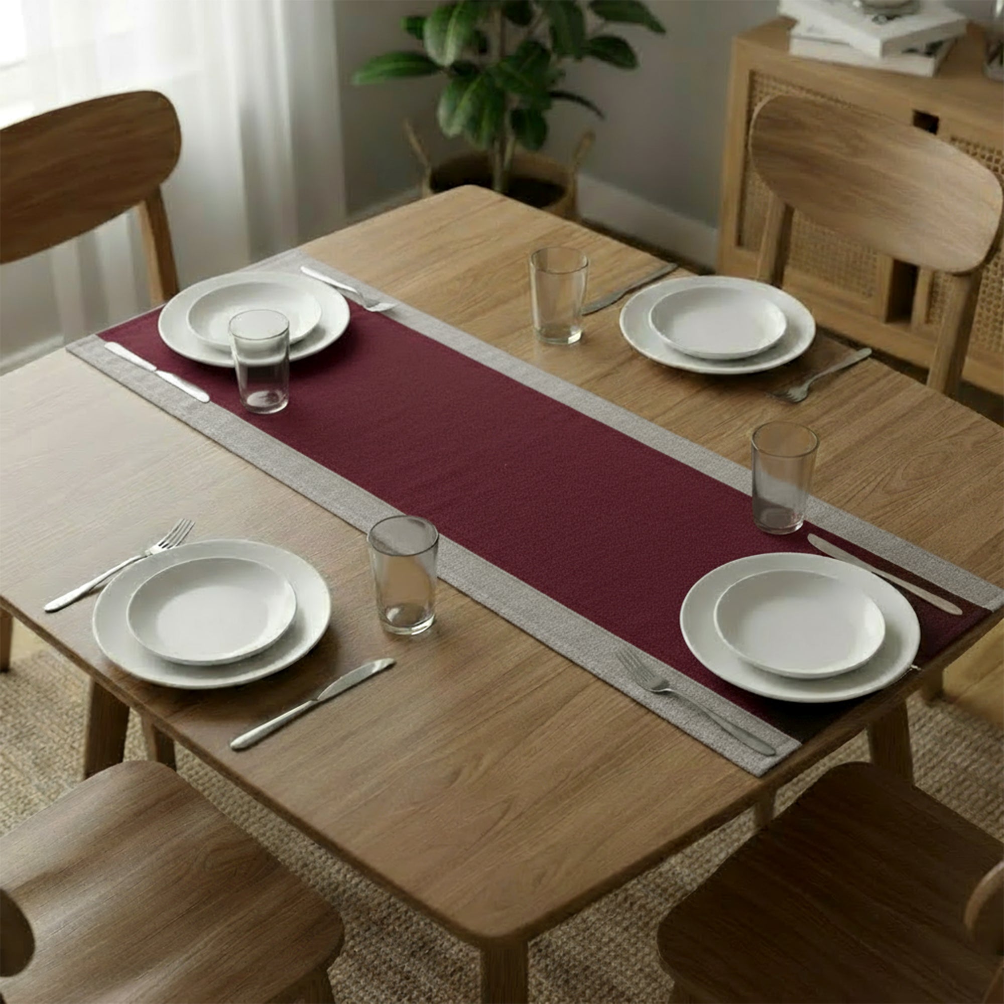 Cotton Grey & Maroon Table Runner (Pack of 1)