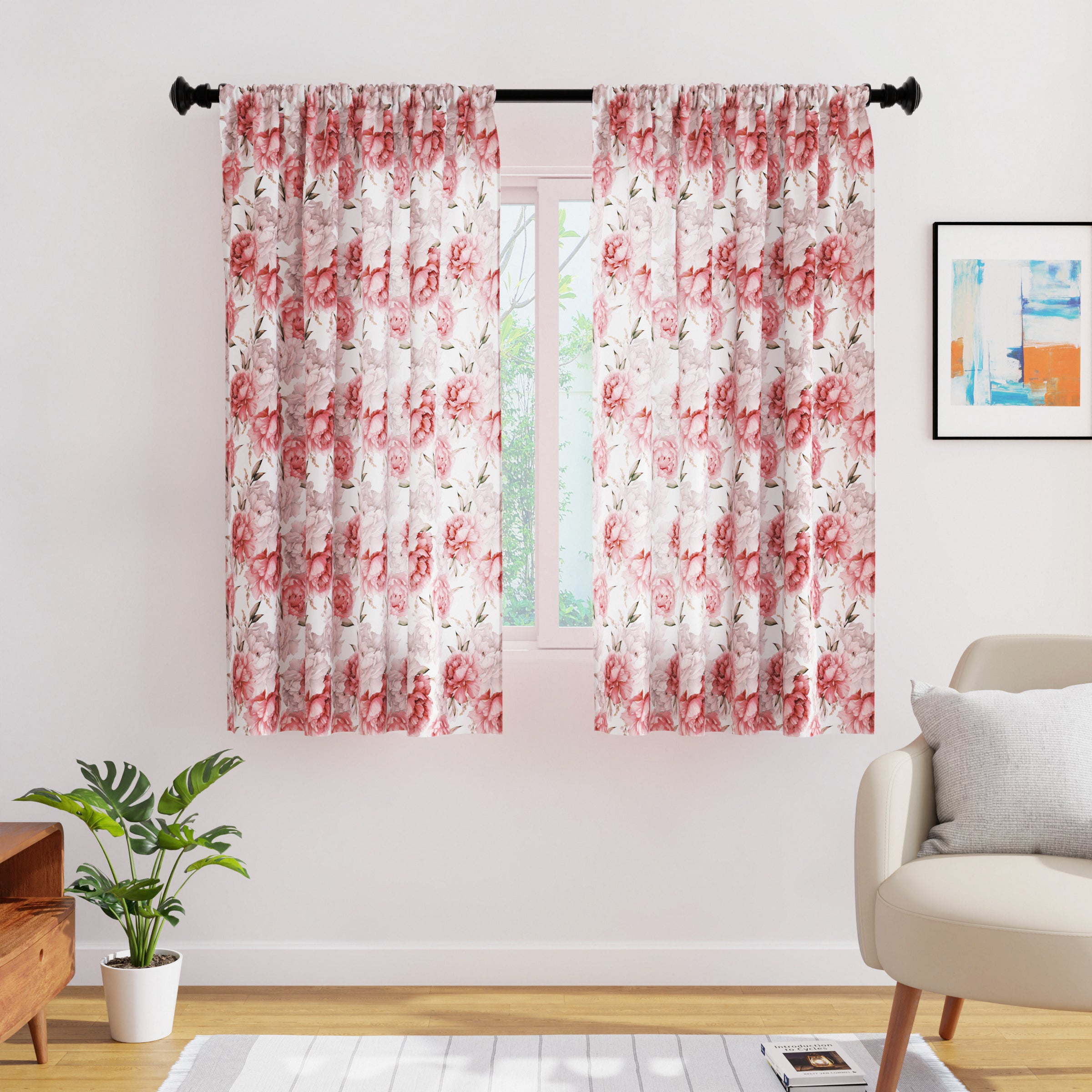 Polyester Peonies Curtain (Pack of 2)