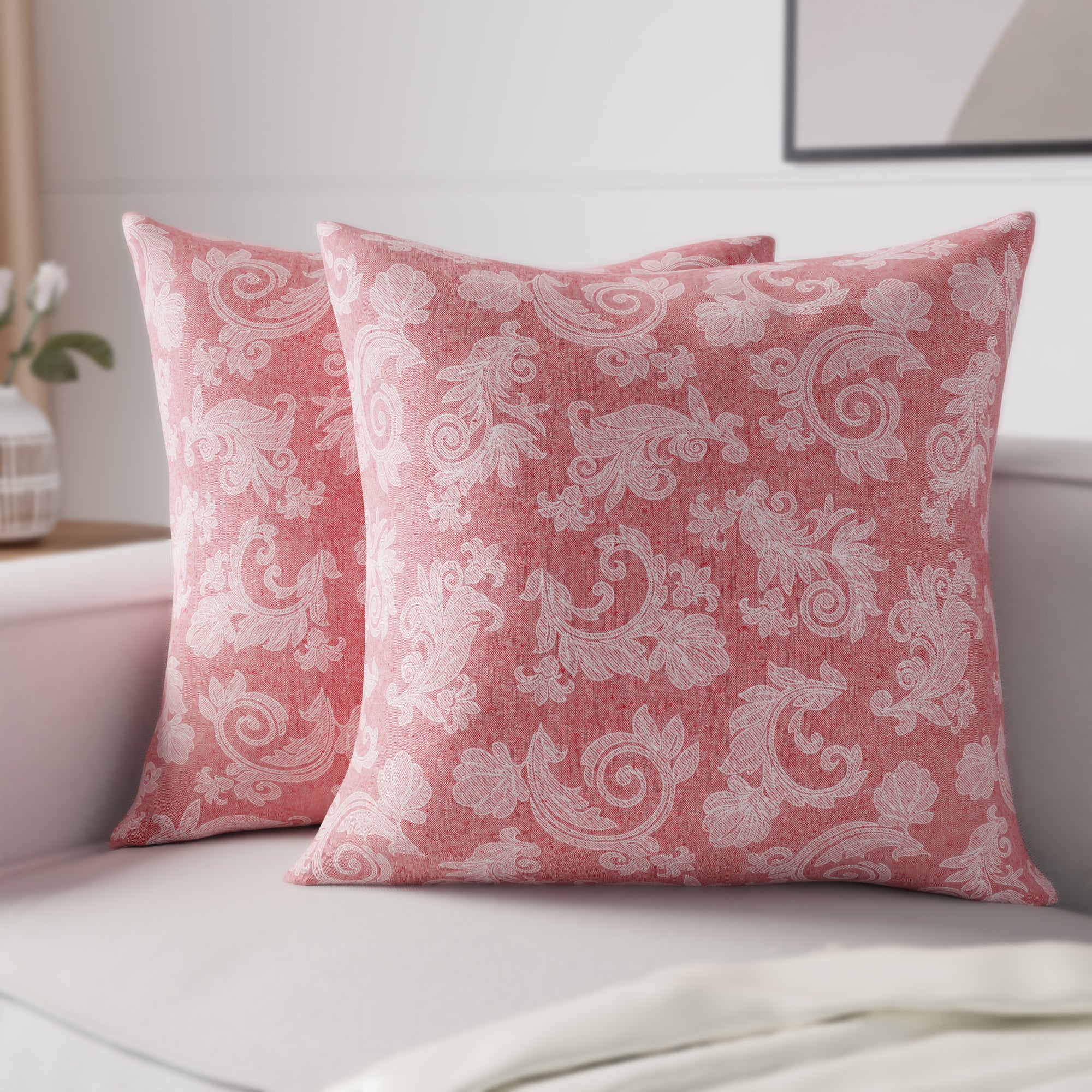 Chambray Cotton Floral Red Cushion Cover (Pack of 2)