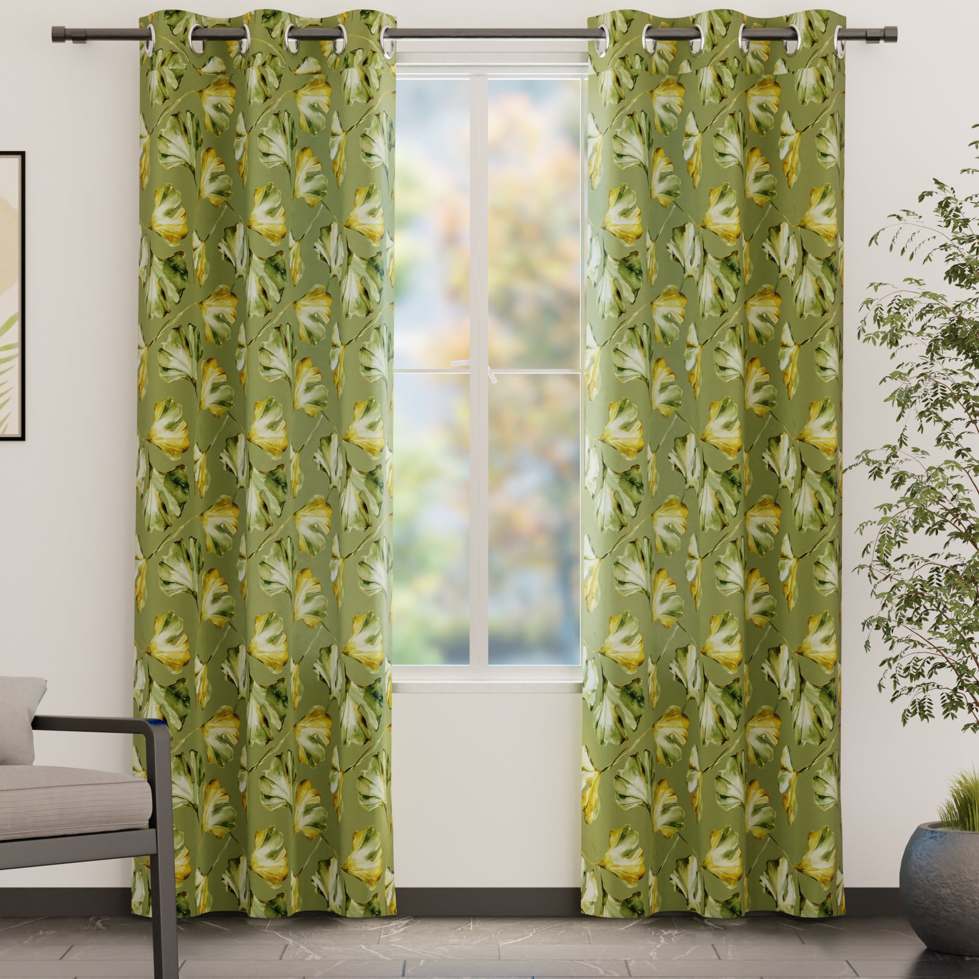 Blackout Polyester Gingko Green Curtain (Pack of 2)