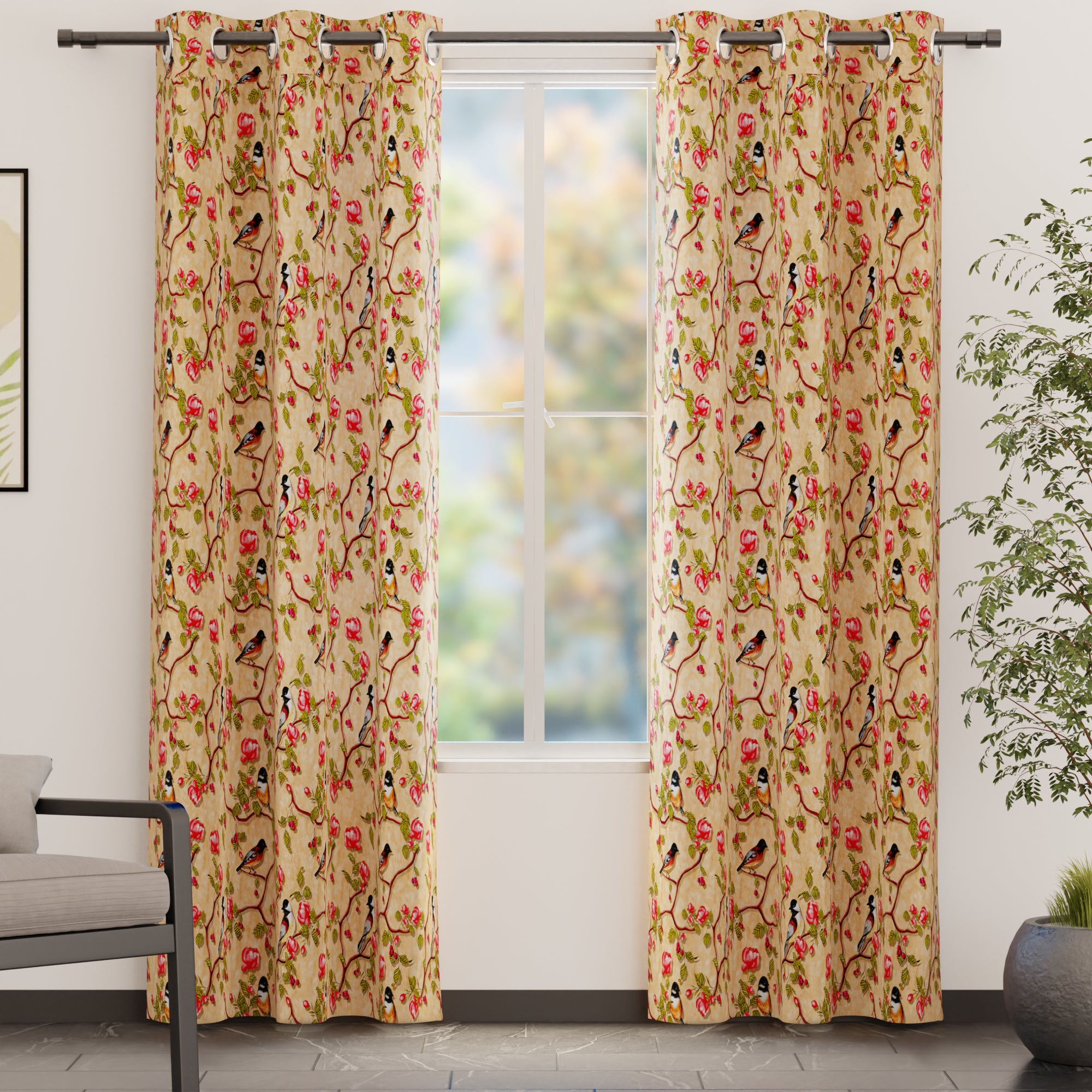 Blackout Polyester Pale Gold Birds Curtain (Pack of 2)