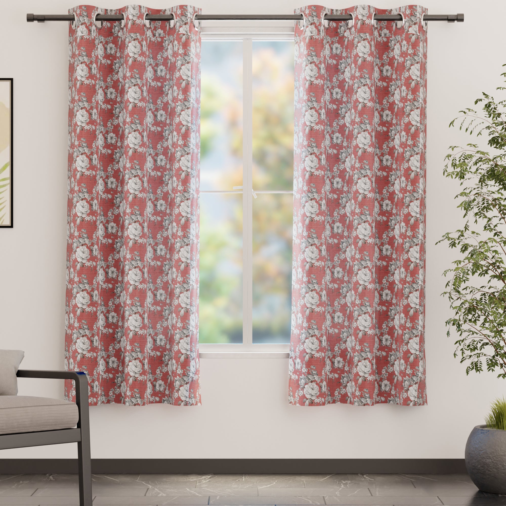 Blackout Polyester F4 English Rose Curtain (Pack of 2)