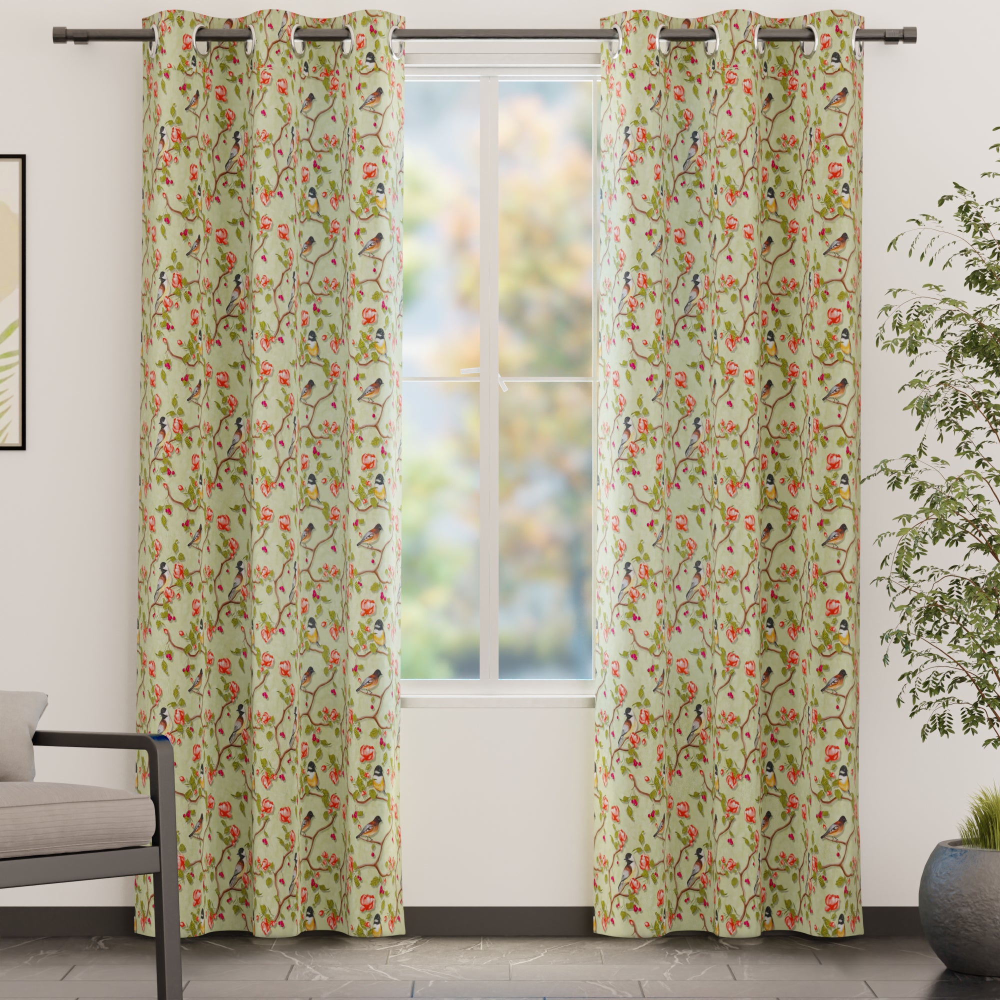 Blackout Polyester Sage Green Birds Curtain (Pack of 2)