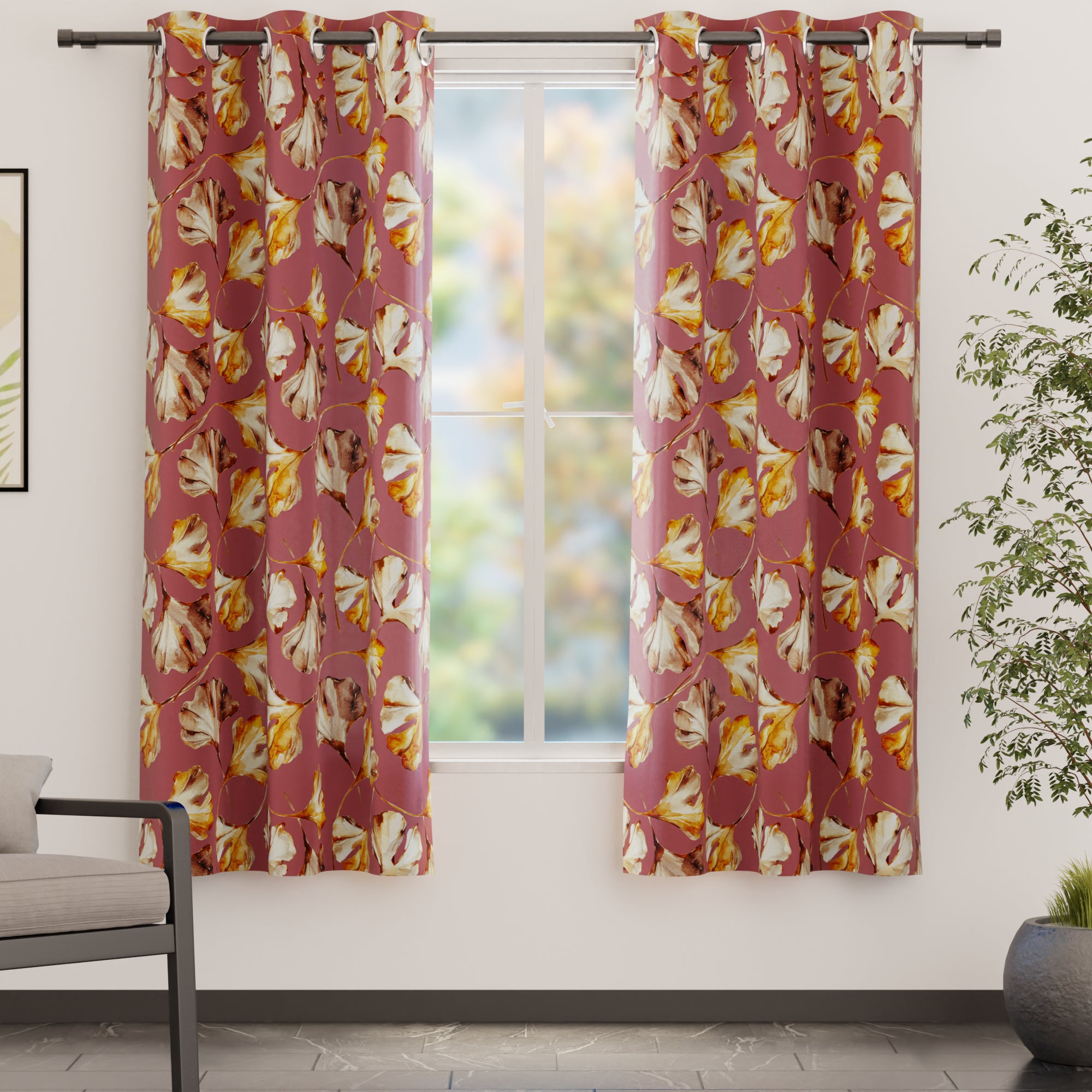 Blackout Polyester Gingko Plum Curtain (Pack of 2)