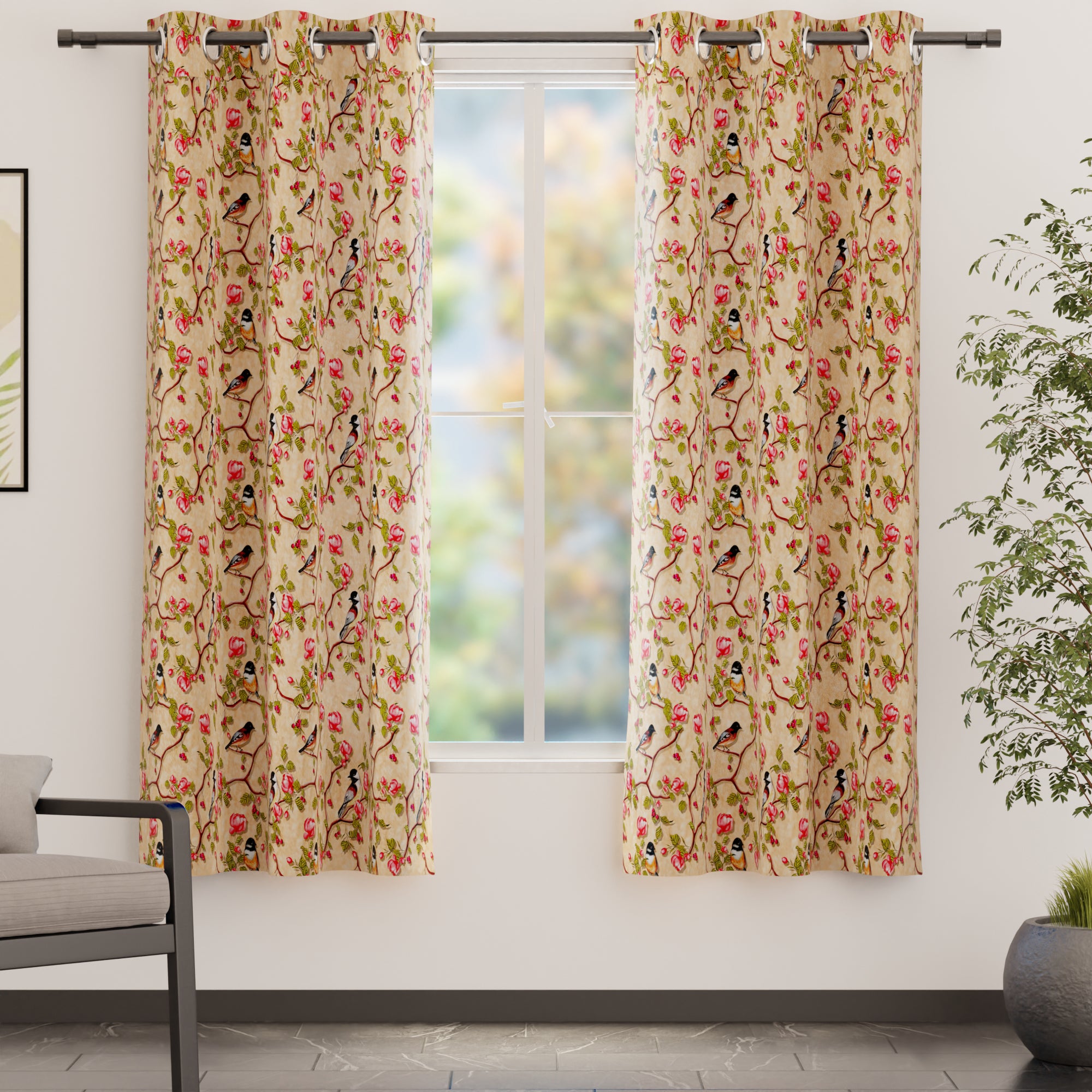 Blackout Polyester Pale Gold Birds Curtain (Pack of 2)