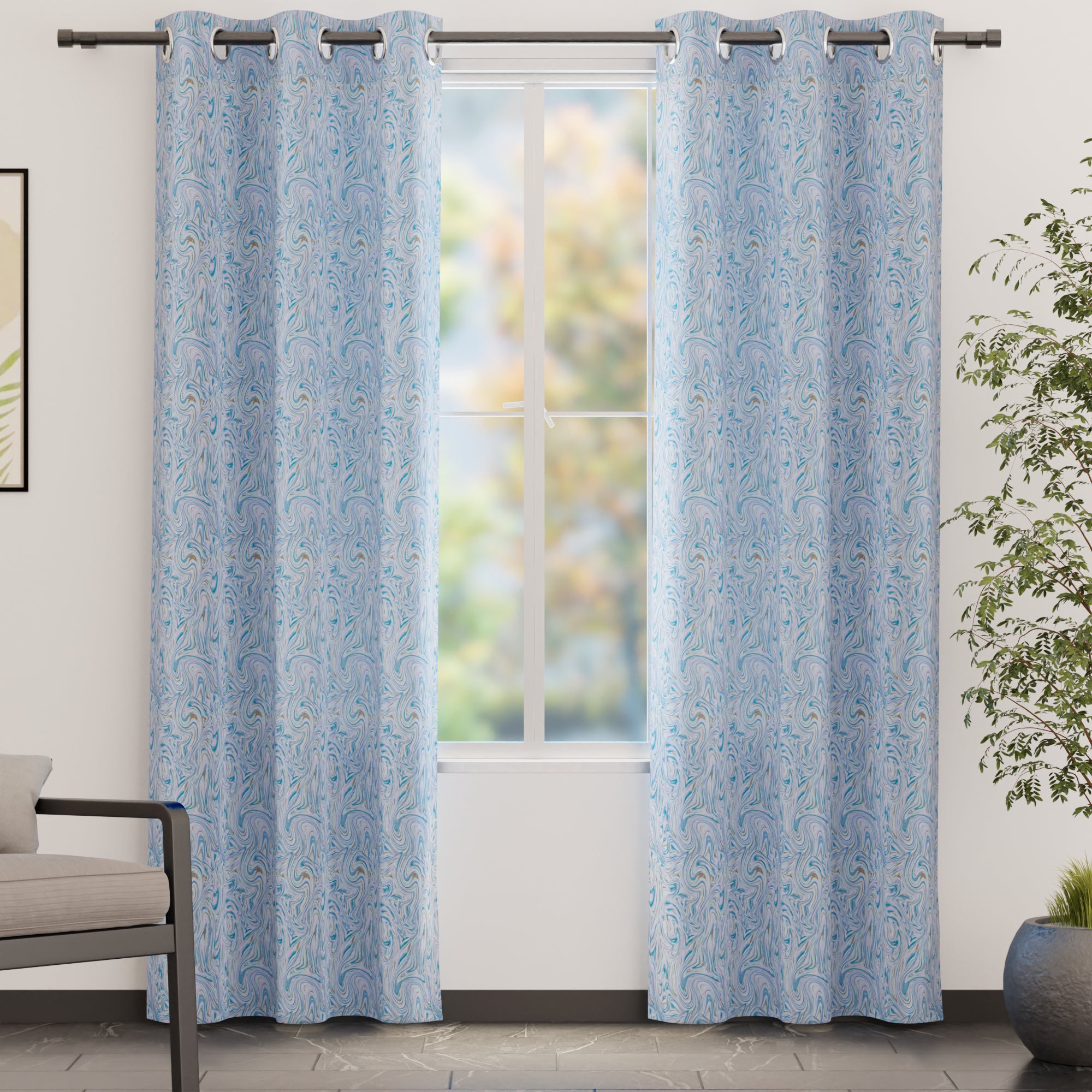 Blackout Polyester Marble Turq Curtain (Pack of 2)