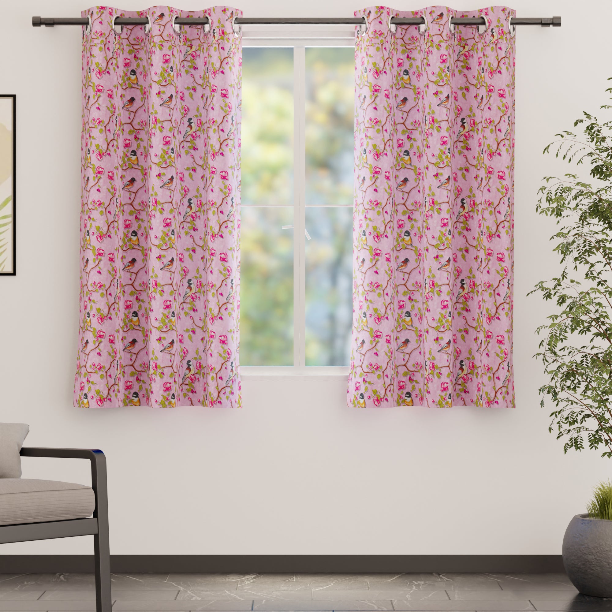 Blackout Polyester Dusty Pink Birds Curtain (Pack of 2)