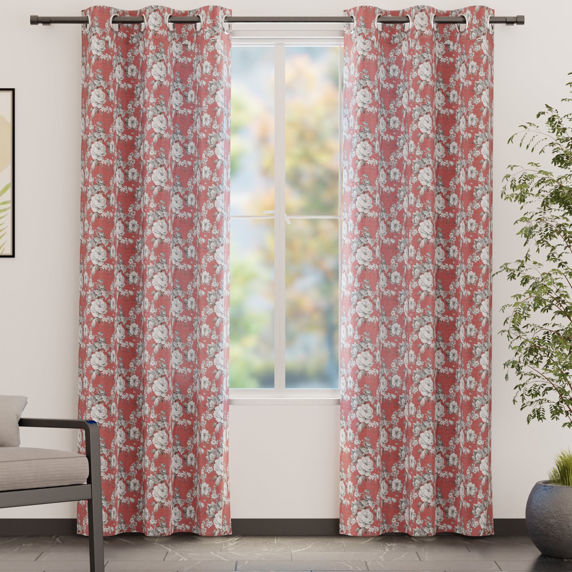 Blackout Polyester F4 English Rose Curtain (Pack of 2)