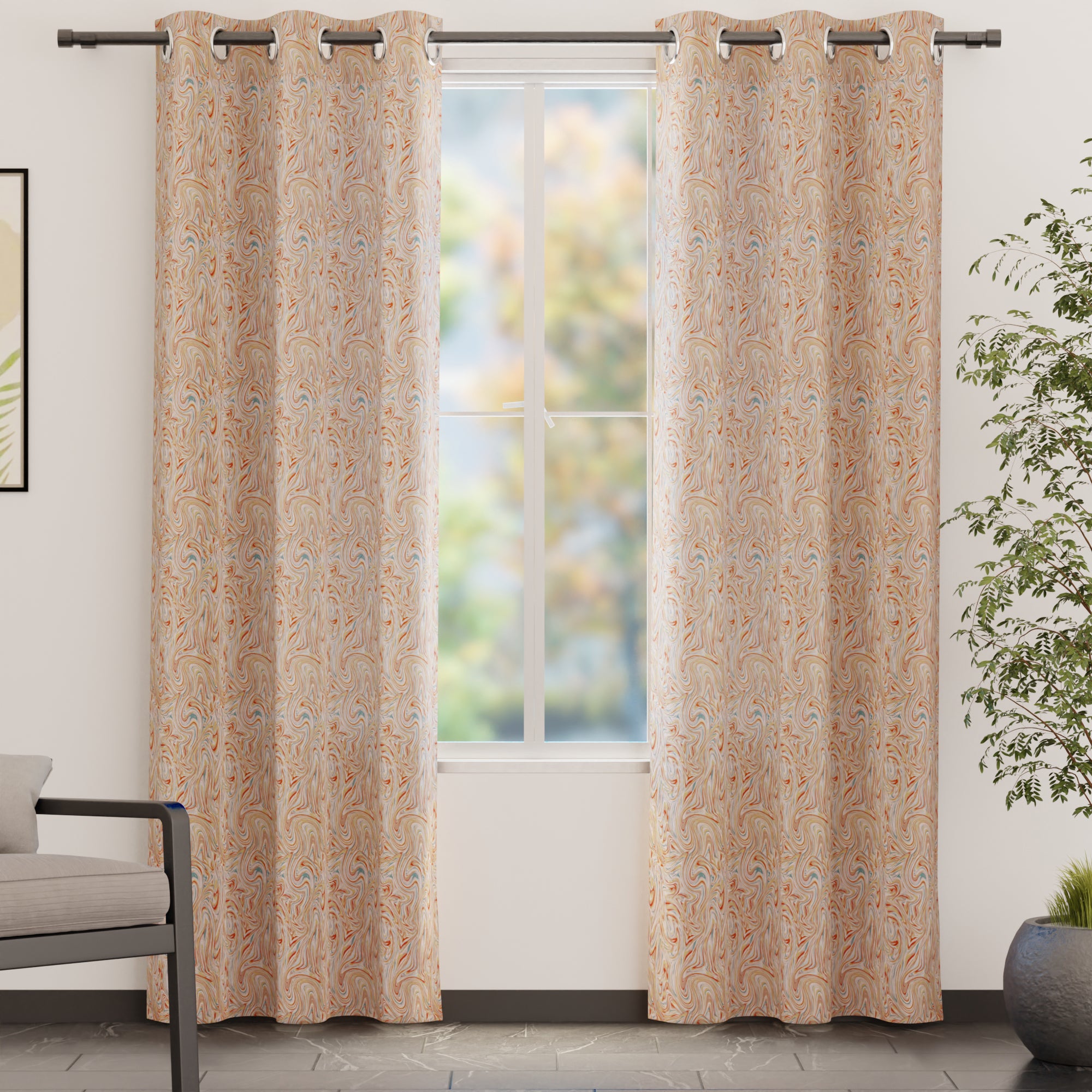 Blackout Polyester Marble Peach Curtain (Pack of 2)